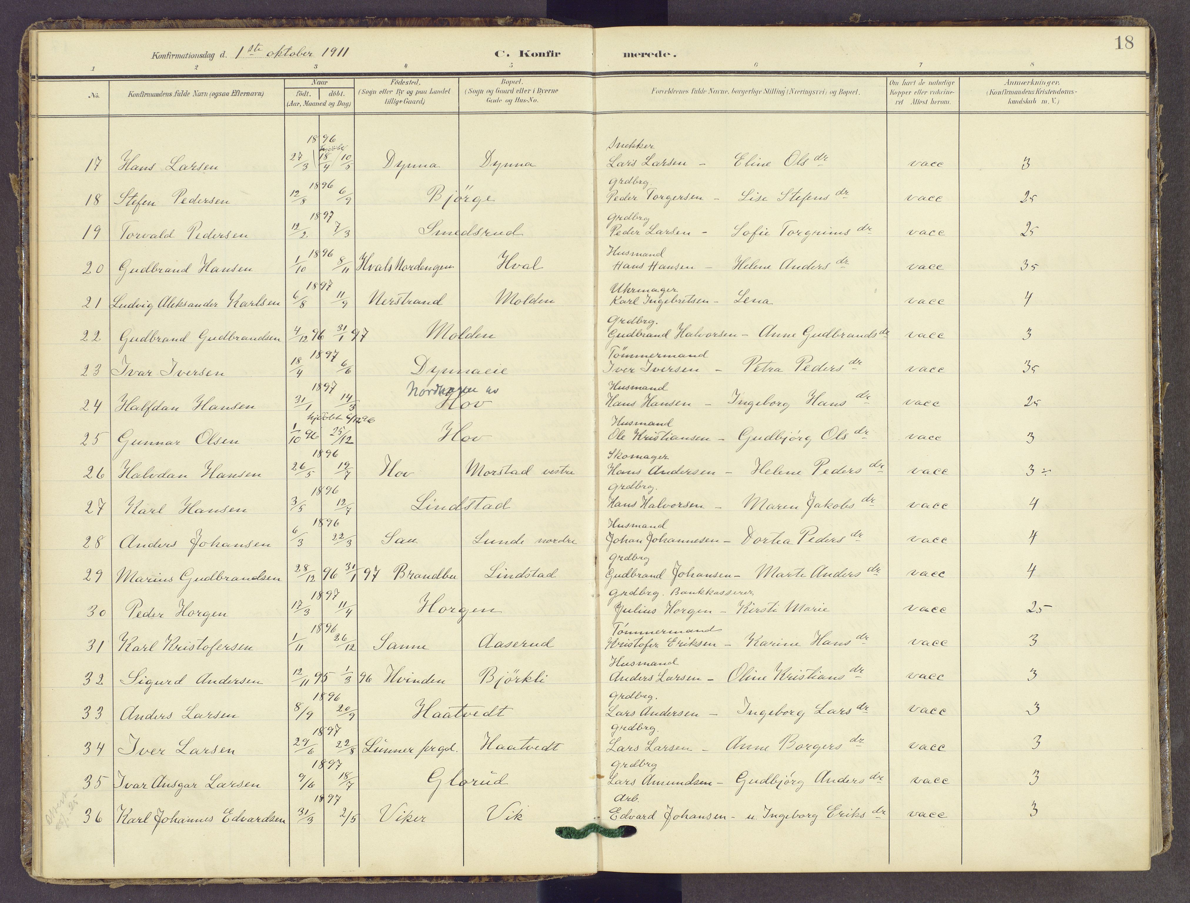 Gran prestekontor, AV/SAH-PREST-112/H/Ha/Haa/L0022: Parish register (official) no. 22, 1908-1918, p. 18