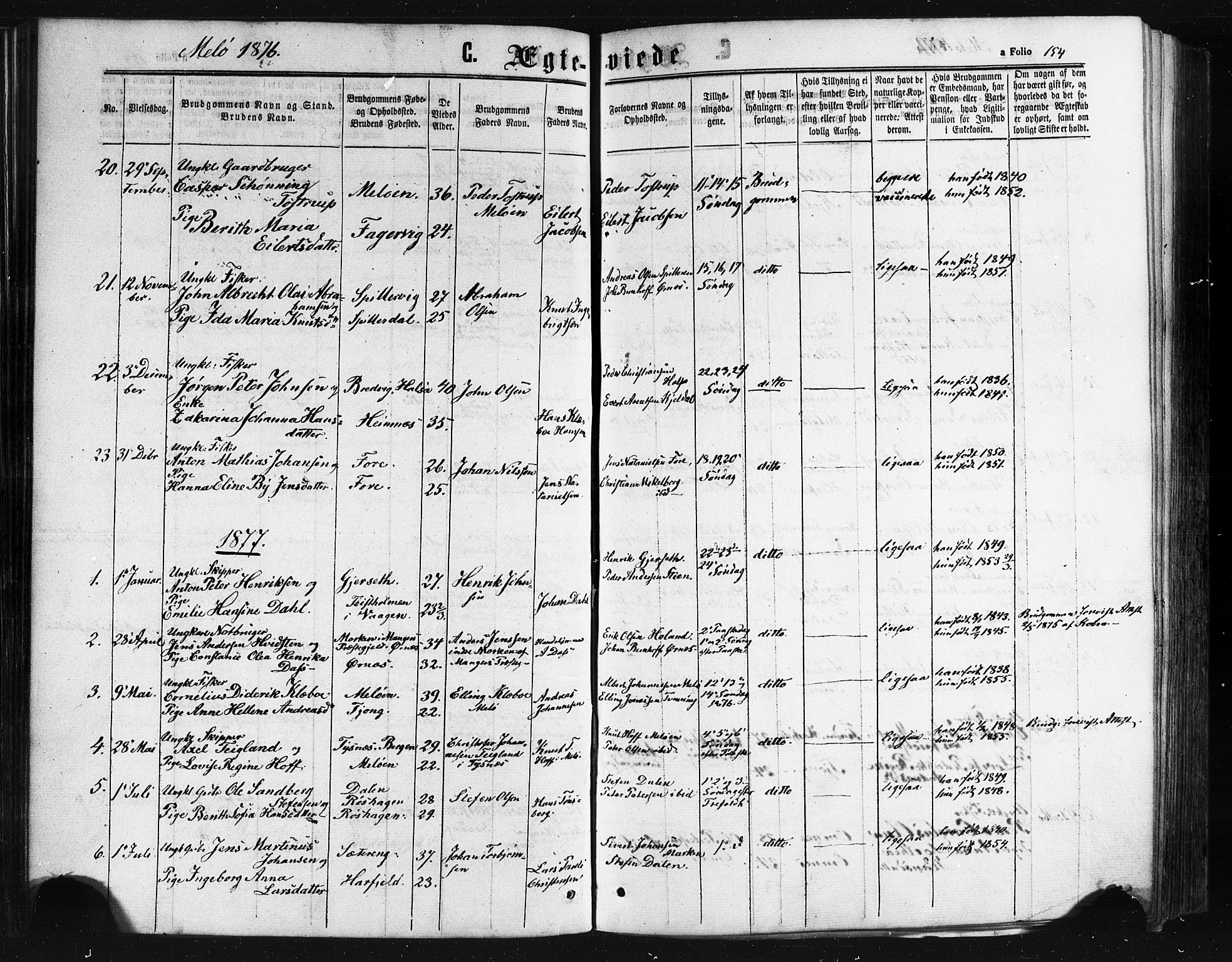 Ministerialprotokoller, klokkerbøker og fødselsregistre - Nordland, AV/SAT-A-1459/841/L0607: Parish register (official) no. 841A11 /2, 1863-1877, p. 154