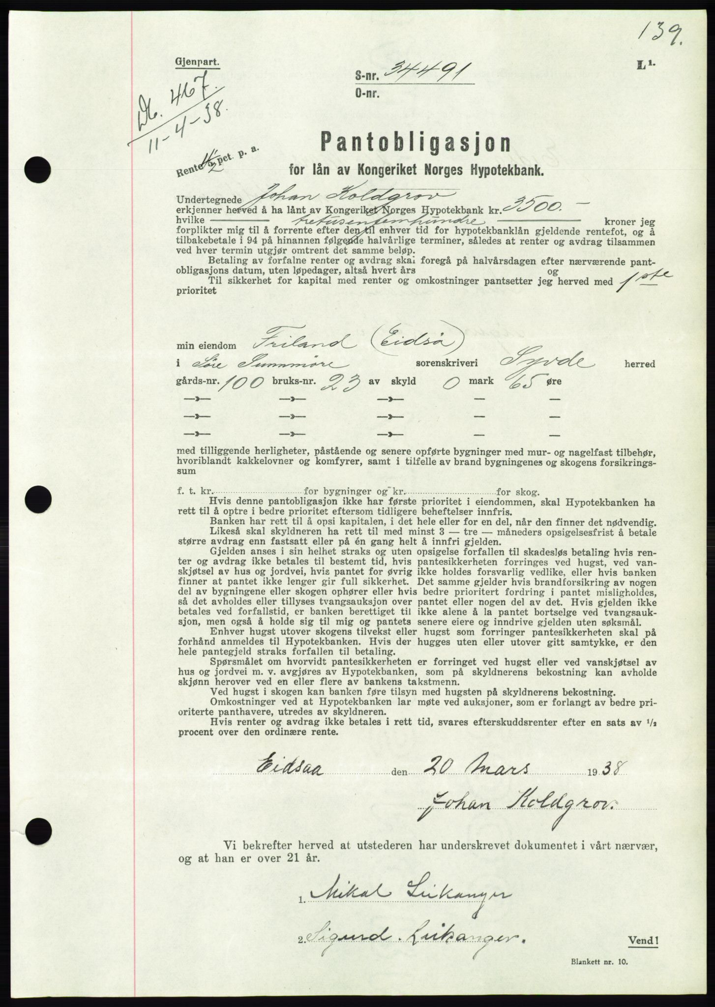 Søre Sunnmøre sorenskriveri, AV/SAT-A-4122/1/2/2C/L0065: Mortgage book no. 59, 1938-1938, Diary no: : 467/1938