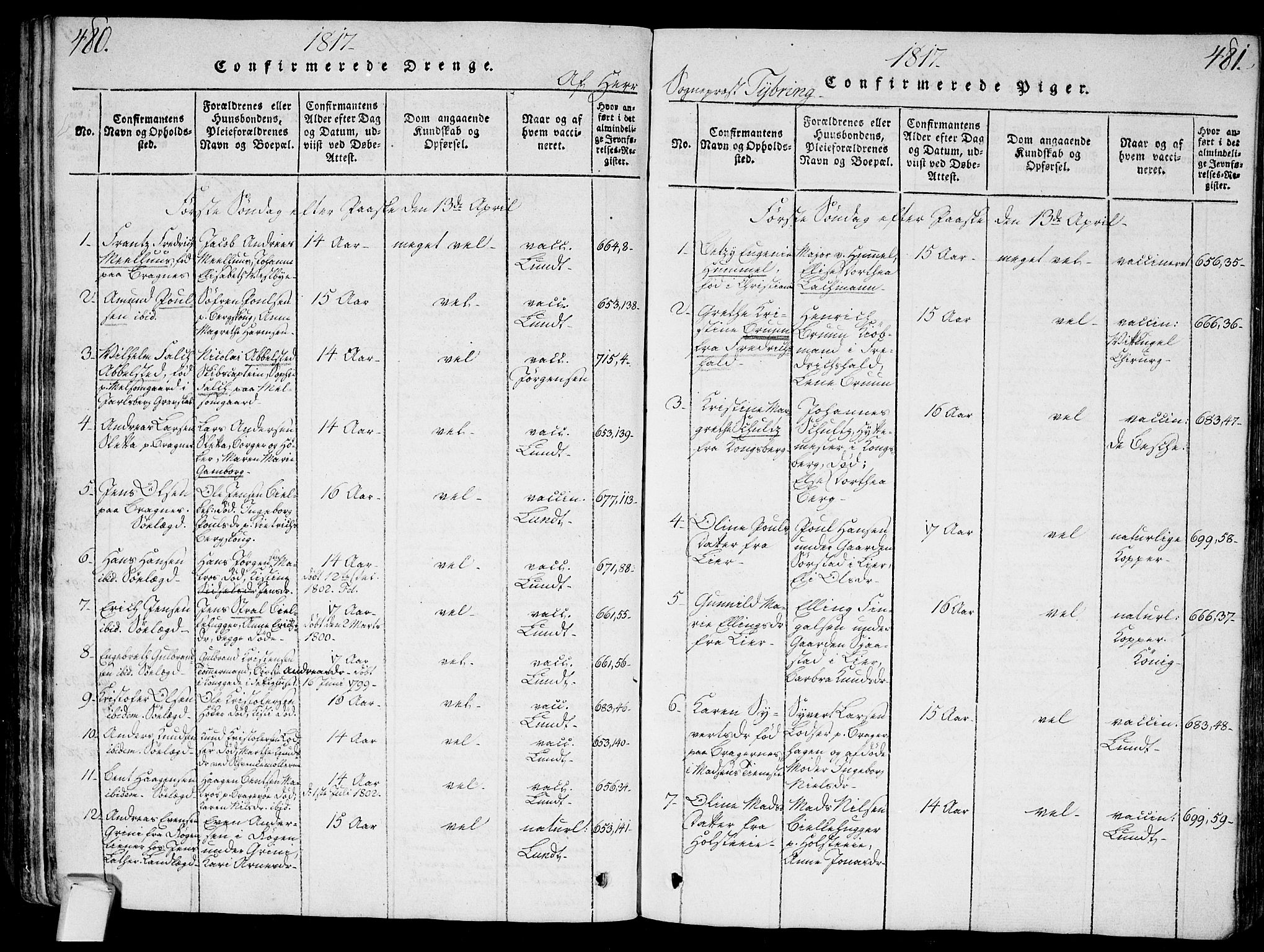 Bragernes kirkebøker, AV/SAKO-A-6/G/Ga/L0001: Parish register (copy) no. 1, 1815-1829, p. 480-481