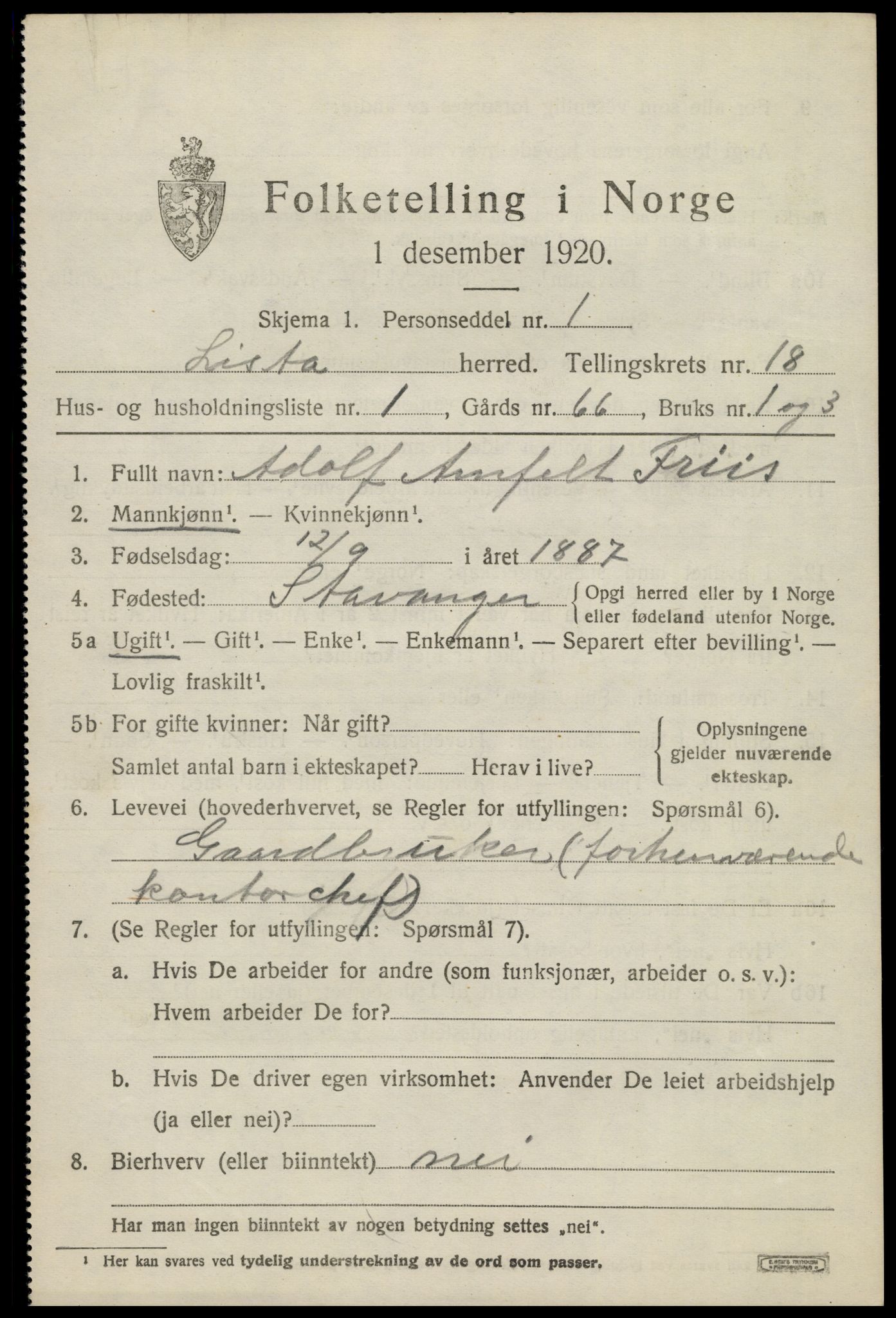 SAK, 1920 census for Lista, 1920, p. 13777