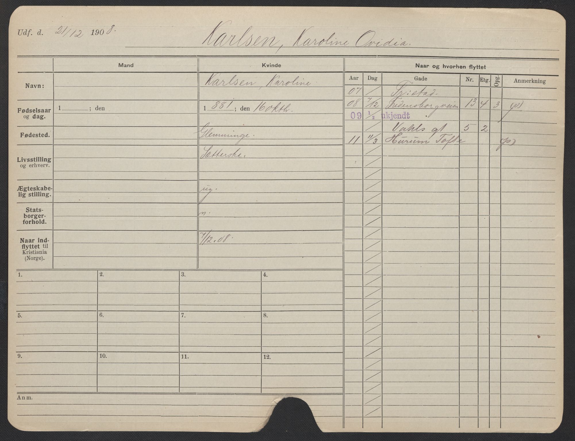 Oslo folkeregister, Registerkort, AV/SAO-A-11715/F/Fa/Fac/L0018: Kvinner, 1906-1914, p. 877a