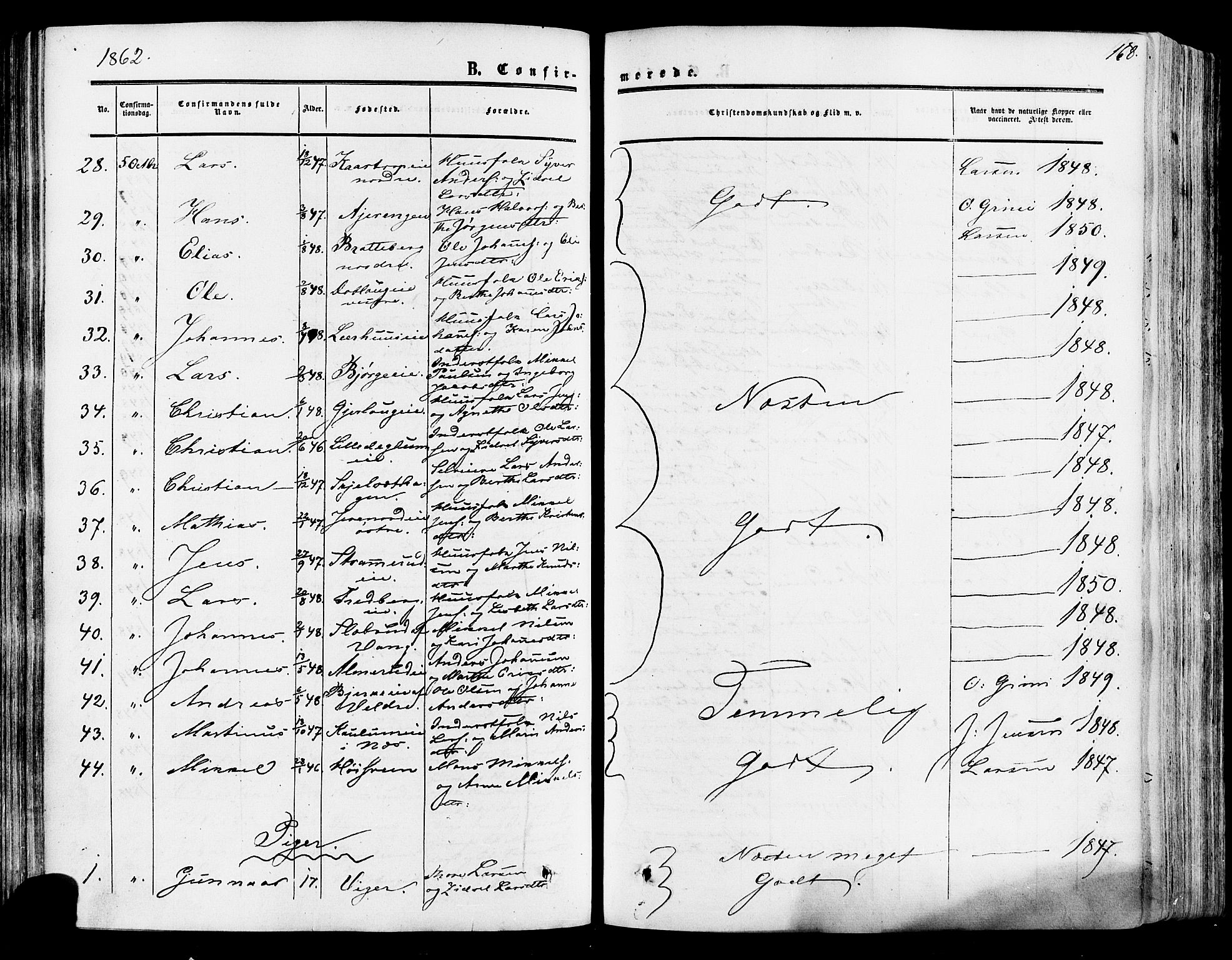 Vang prestekontor, Hedmark, SAH/PREST-008/H/Ha/Haa/L0013: Parish register (official) no. 13, 1855-1879, p. 168