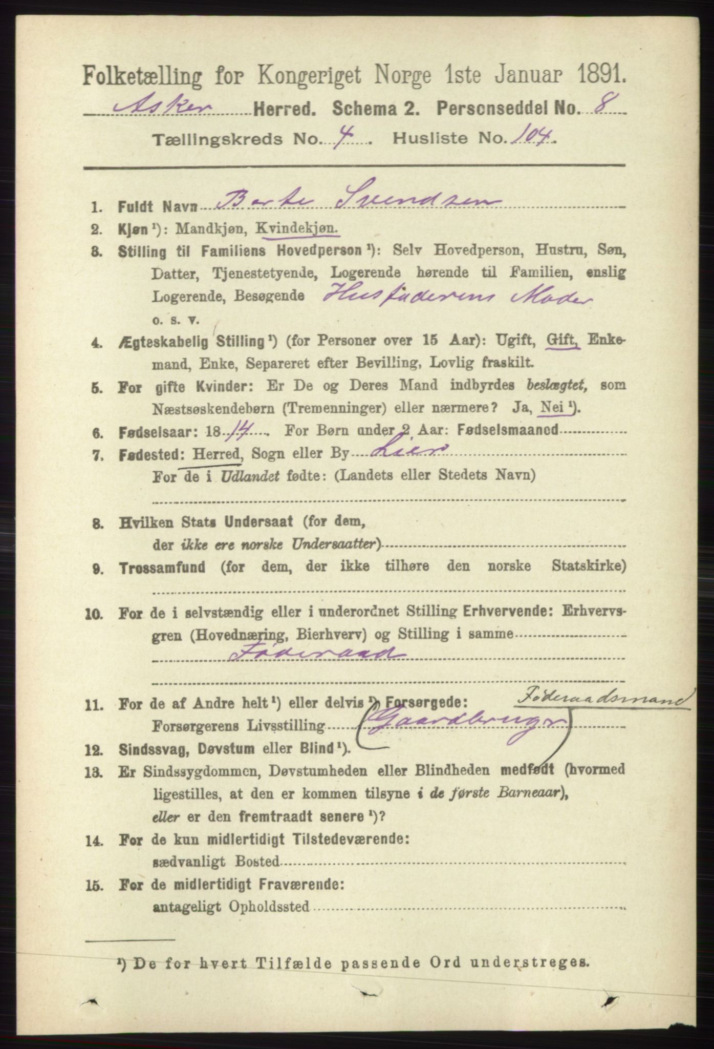 RA, 1891 census for 0220 Asker, 1891, p. 3619