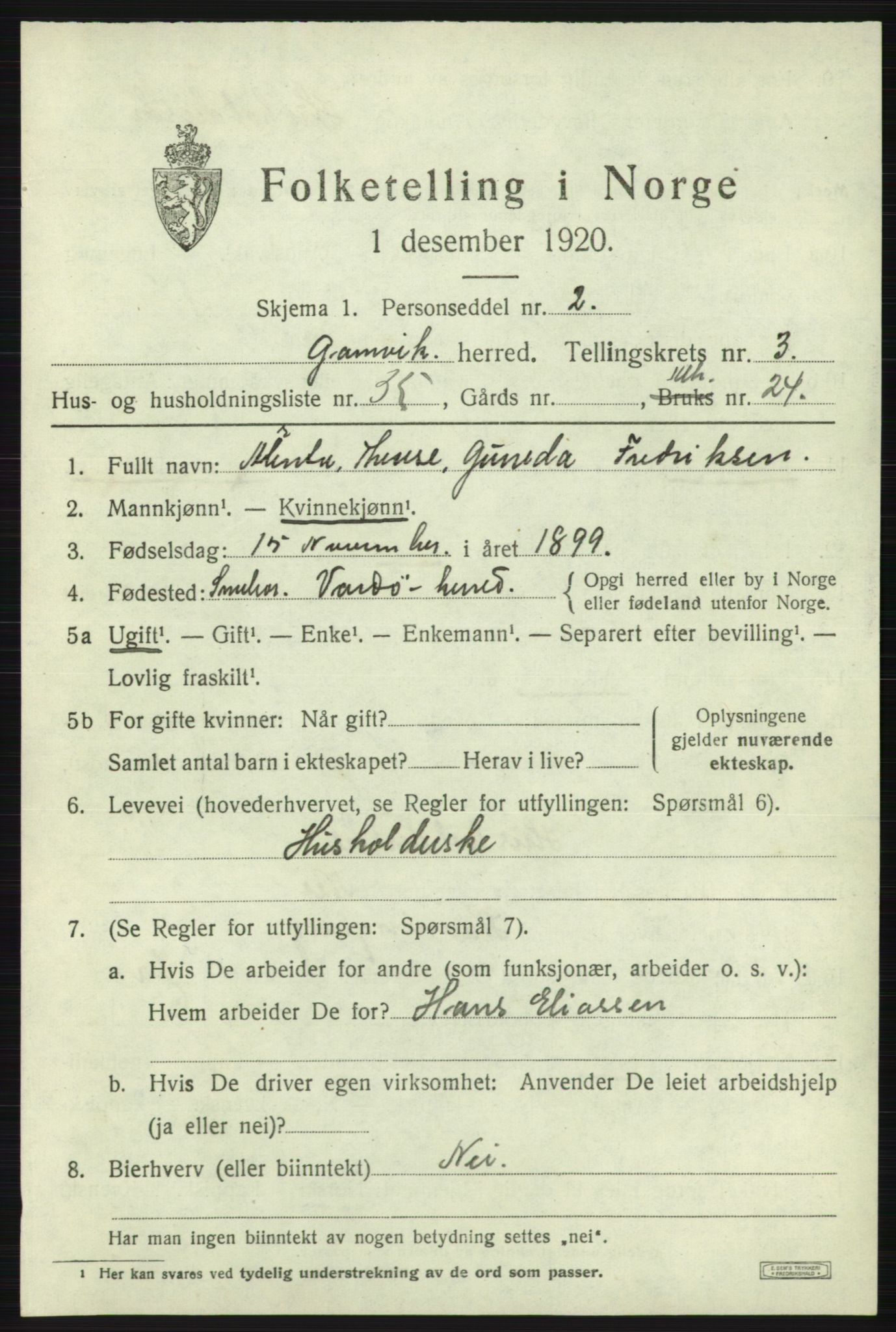 SATØ, 1920 census for Gamvik, 1920, p. 2880