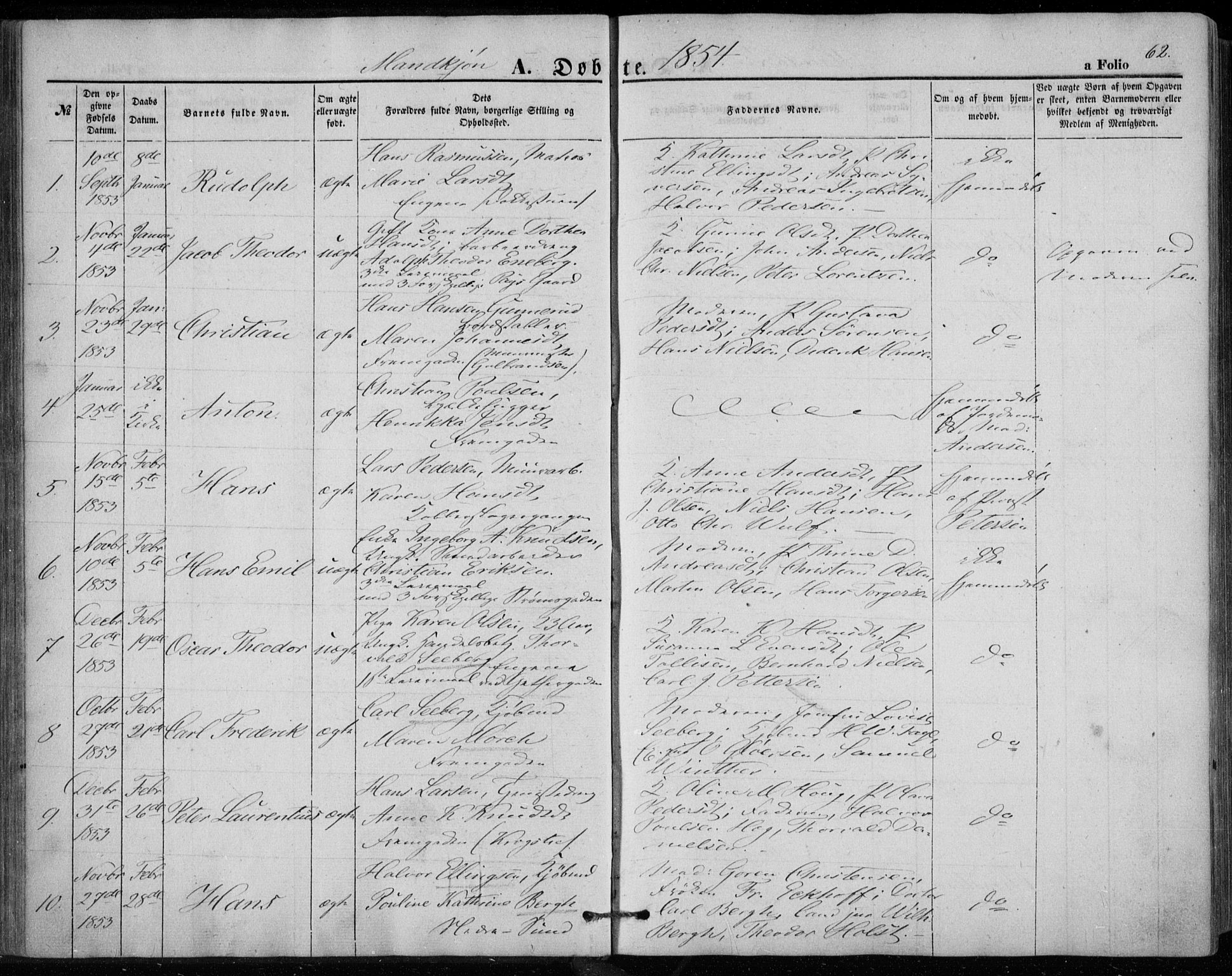 Bragernes kirkebøker, SAKO/A-6/F/Fb/L0002: Parish register (official) no. II 2, 1848-1859, p. 62