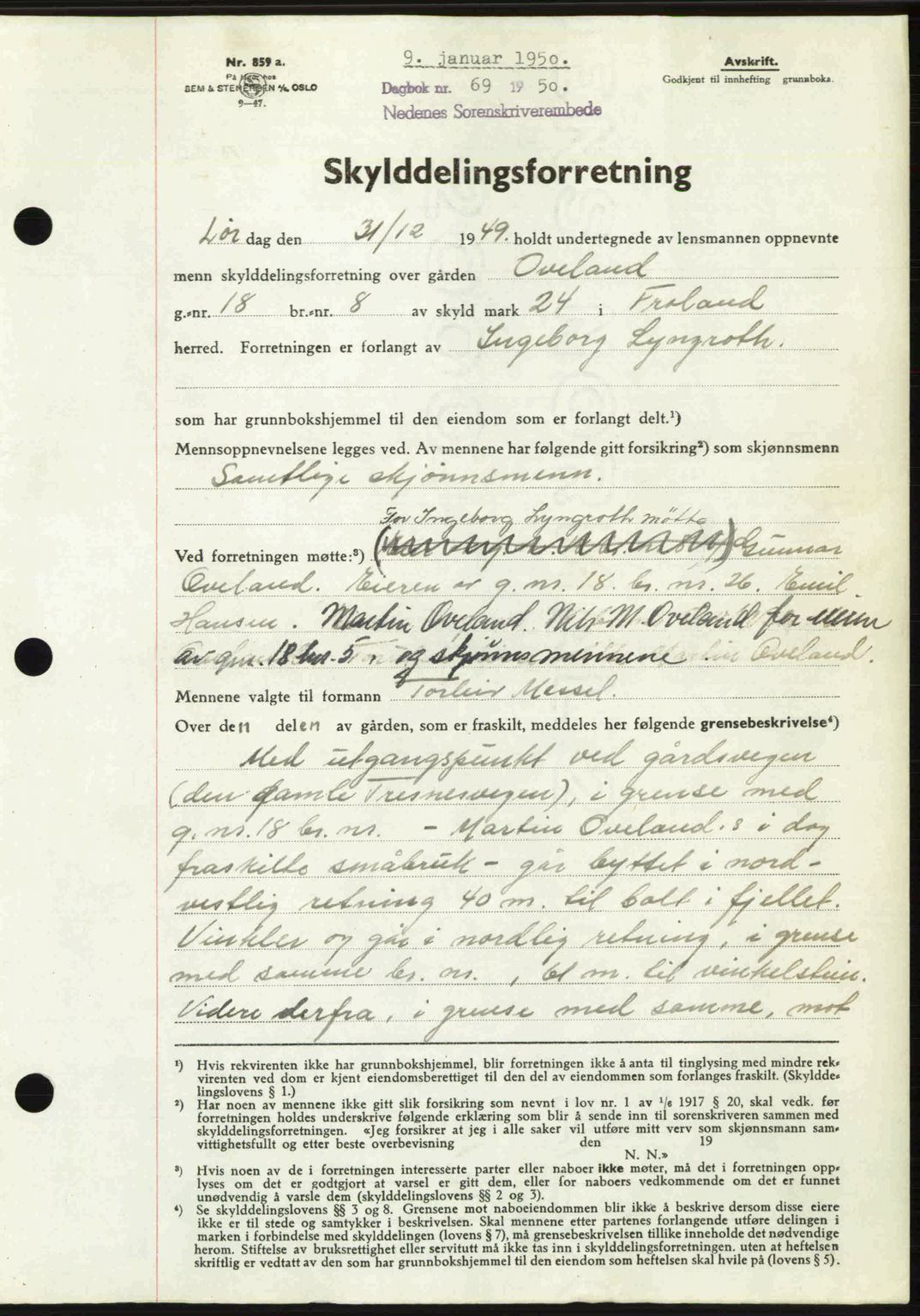 Nedenes sorenskriveri, AV/SAK-1221-0006/G/Gb/Gba/L0062: Mortgage book no. A14, 1949-1950, Diary no: : 69/1950