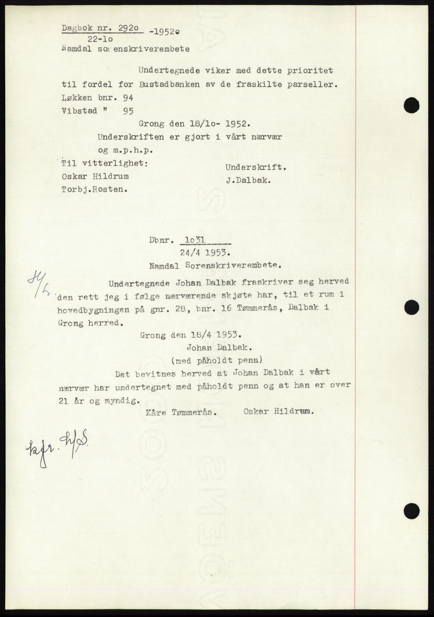Namdal sorenskriveri, SAT/A-4133/1/2/2C: Mortgage book no. -, 1947-1948, Diary no: : 1031/1948