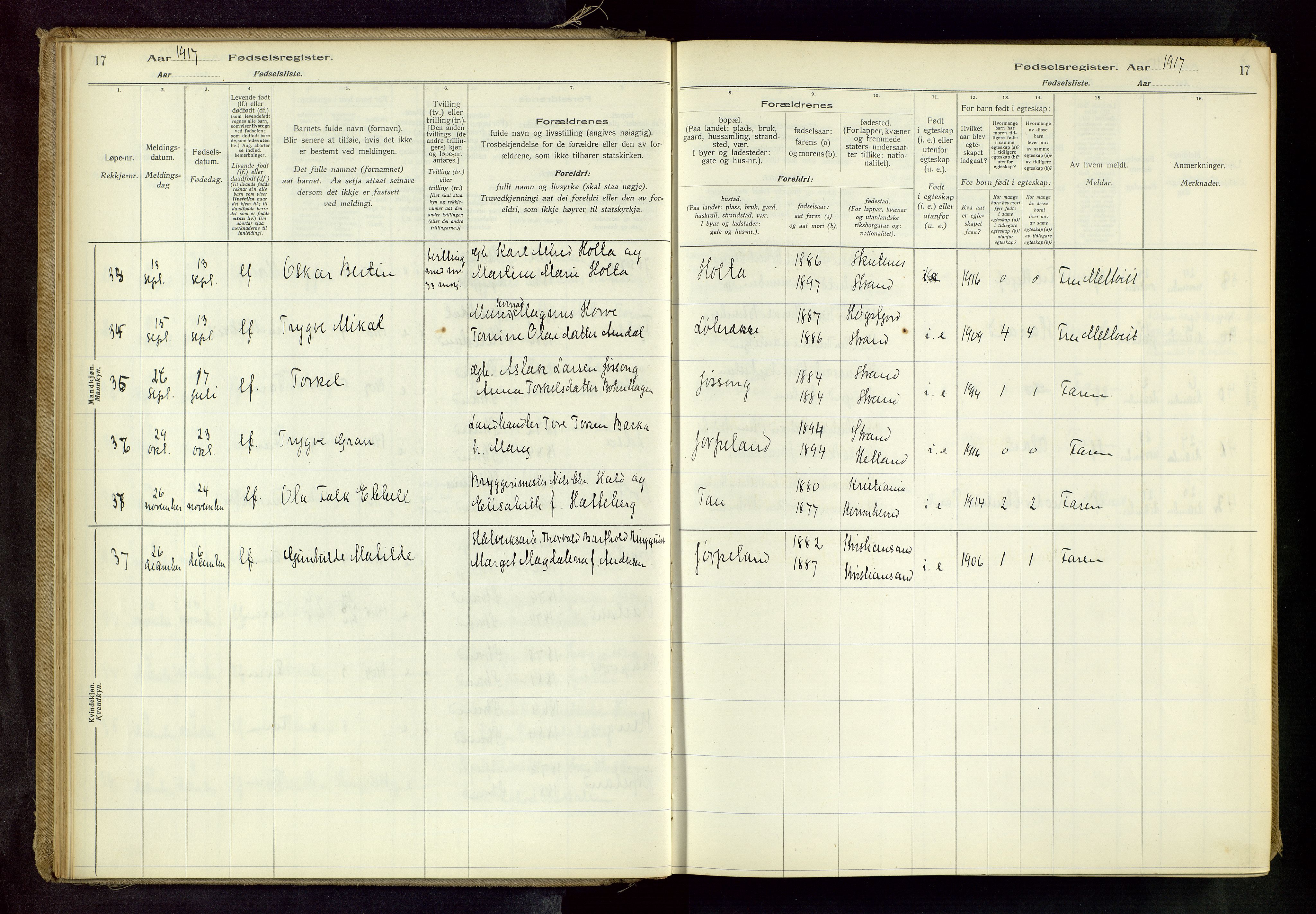 Strand sokneprestkontor, AV/SAST-A-101828/I/Id/L0001: Birth register no. 1, 1916-1938, p. 17