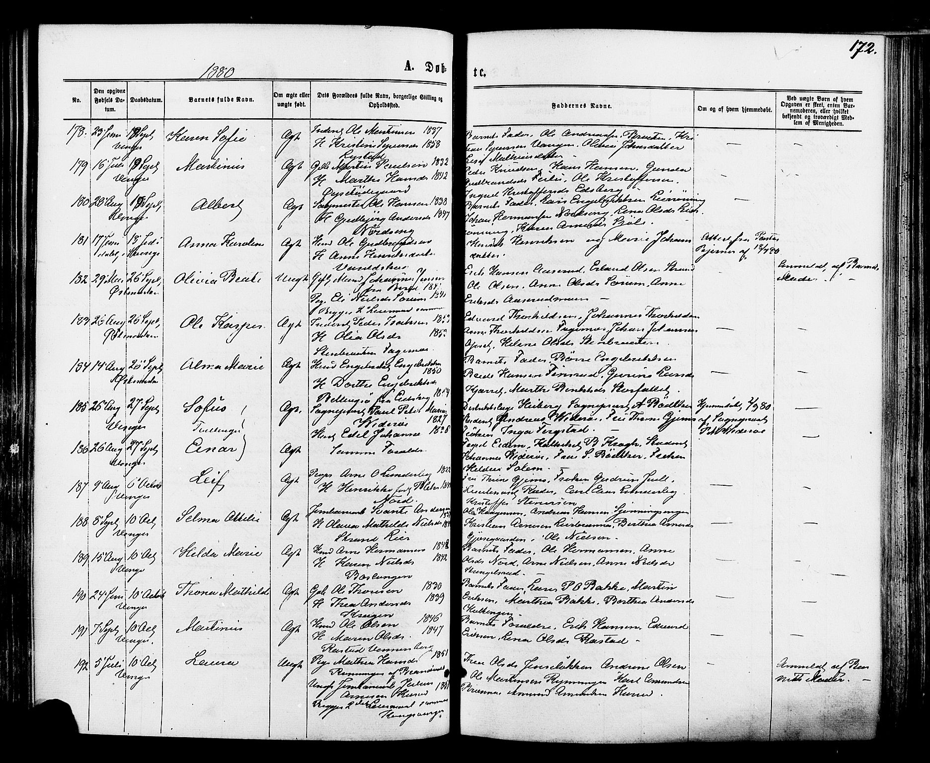 Vinger prestekontor, SAH/PREST-024/H/Ha/Haa/L0012: Parish register (official) no. 12, 1871-1880, p. 172