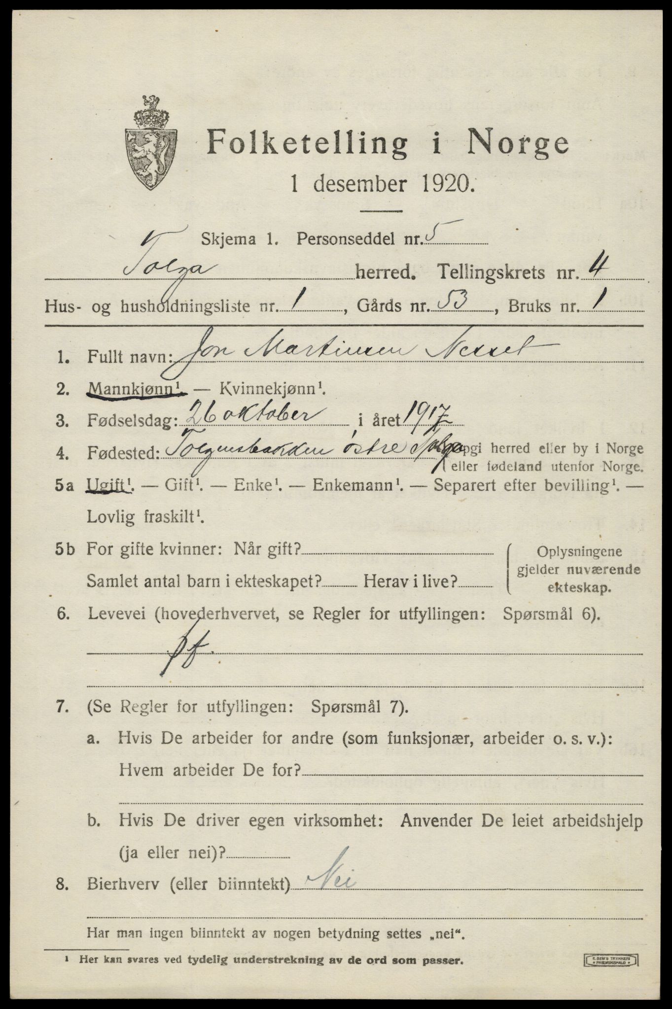 SAH, 1920 census for Tolga, 1920, p. 2597