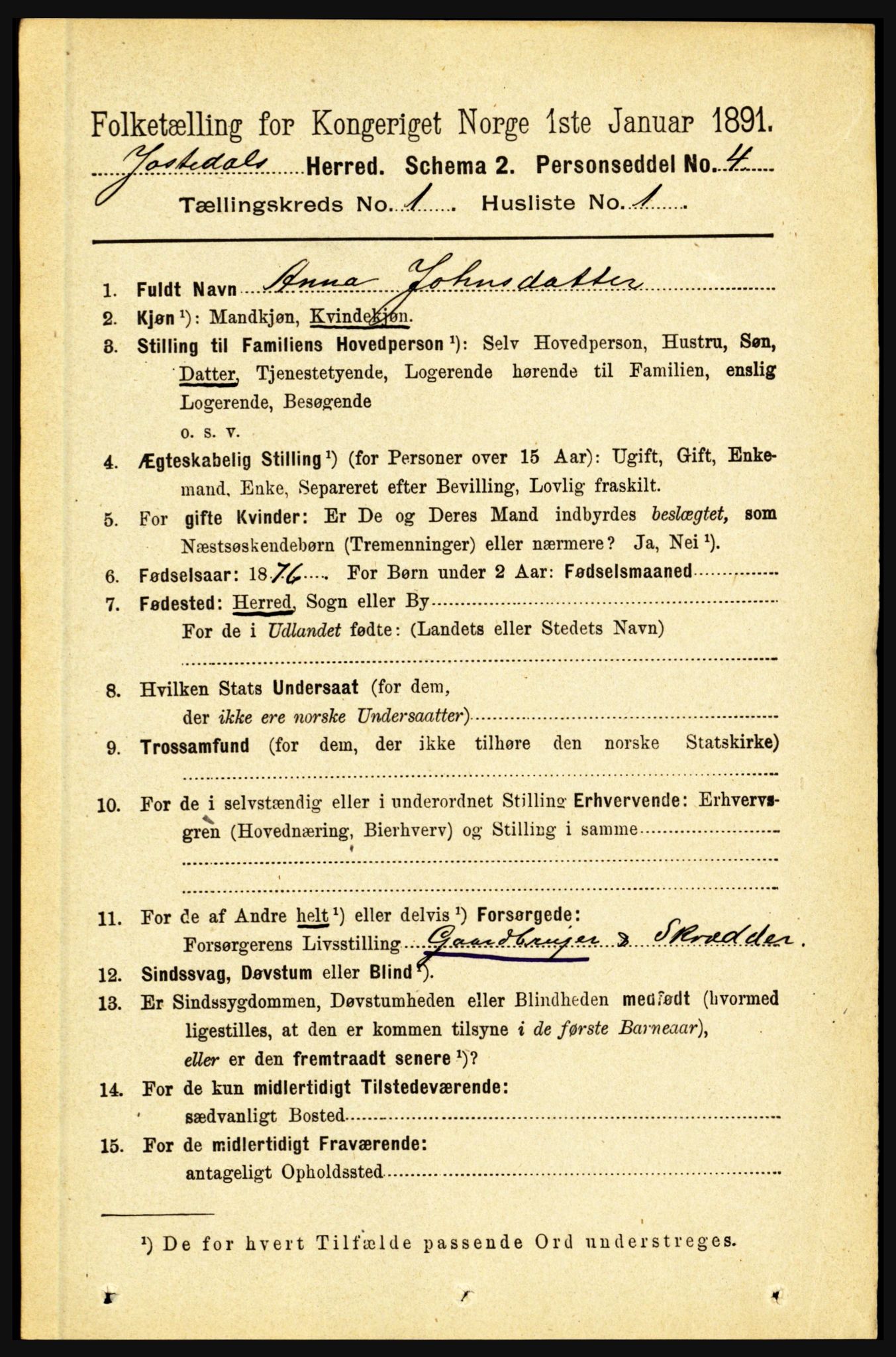 RA, 1891 census for 1427 Jostedal, 1891, p. 69