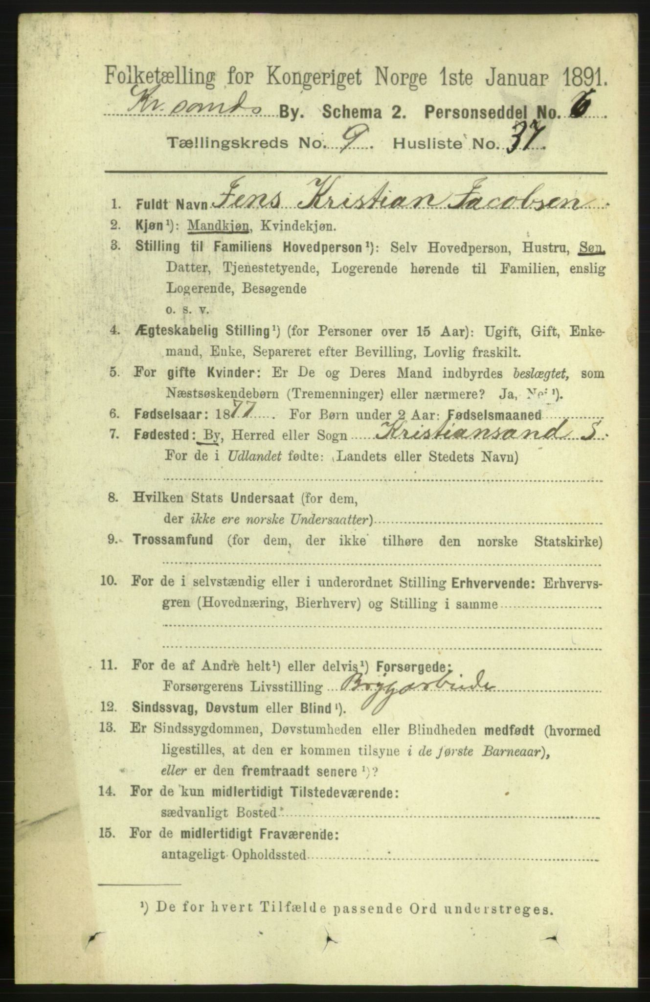 RA, 1891 census for 1001 Kristiansand, 1891, p. 5285