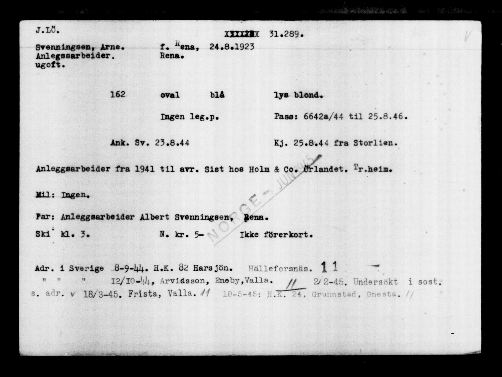 Den Kgl. Norske Legasjons Flyktningskontor, RA/S-6753/V/Va/L0012: Kjesäterkartoteket.  Flyktningenr. 28300-31566, 1940-1945, p. 3236