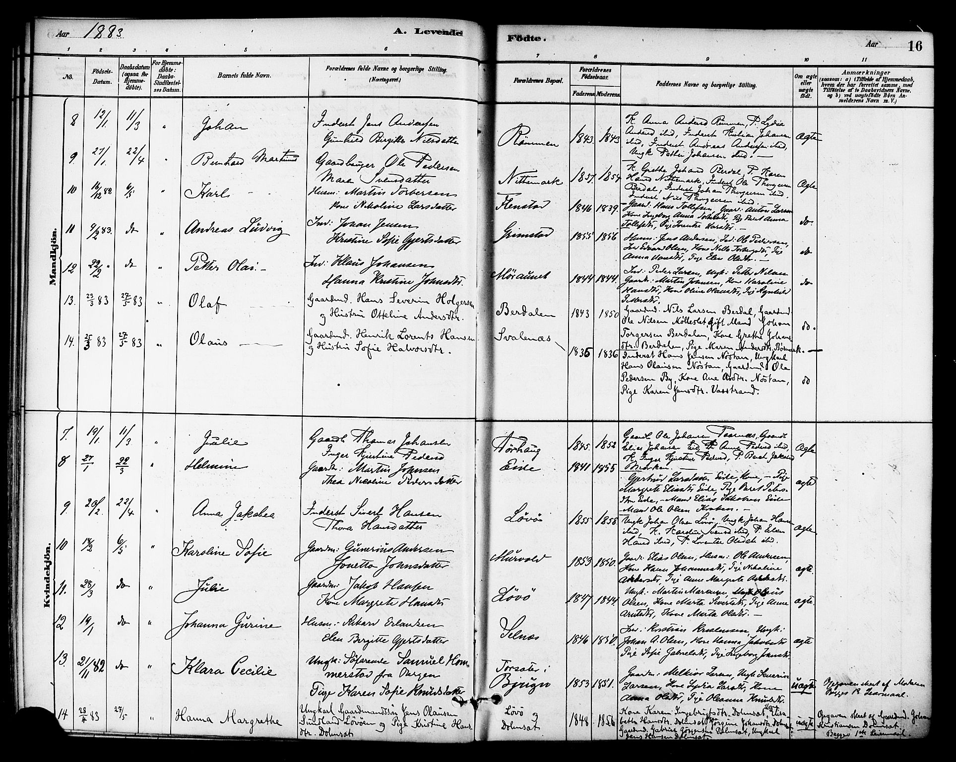 Ministerialprotokoller, klokkerbøker og fødselsregistre - Sør-Trøndelag, SAT/A-1456/655/L0680: Parish register (official) no. 655A09, 1880-1894, p. 16