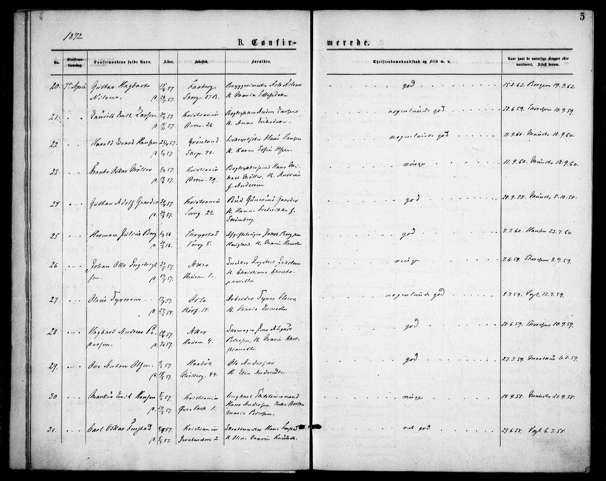 Oslo domkirke Kirkebøker, AV/SAO-A-10752/F/Fa/L0018: Parish register (official) no. 18, 1872-1886, p. 5