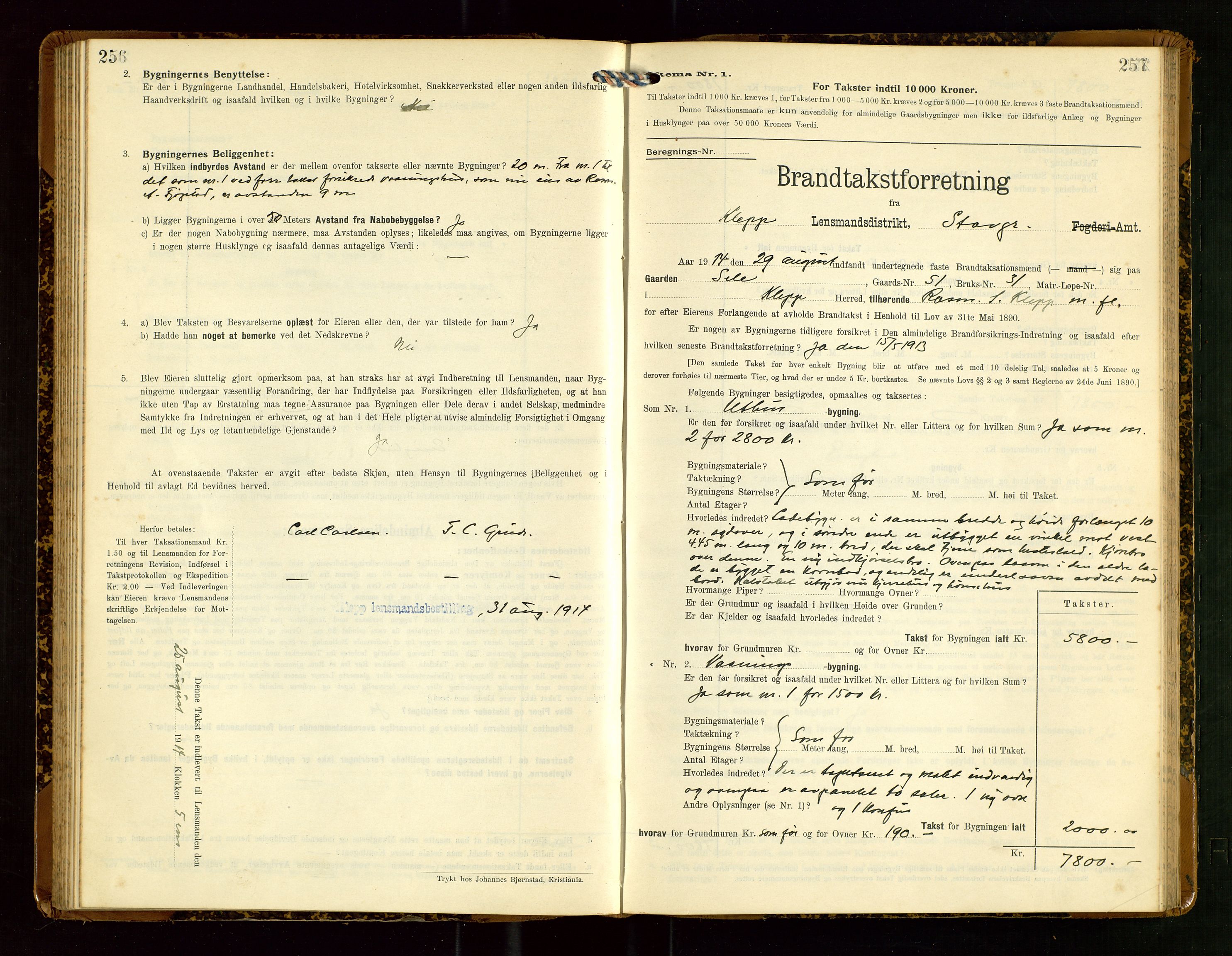 Klepp lensmannskontor, AV/SAST-A-100163/Goc/L0007: "Brandtaxationsprotokol" m/register, 1911-1915, p. 256-257