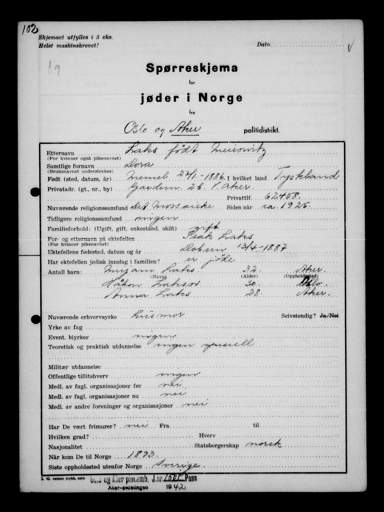 Statspolitiet - Hovedkontoret / Osloavdelingen, AV/RA-S-1329/G/Ga/L0011: Spørreskjema for jøder i Norge. 1: Oslo 610-806 (Plavnik-Zwillinger). 2: Aker 1-113 (Adler-Lewin). , 1942, p. 890