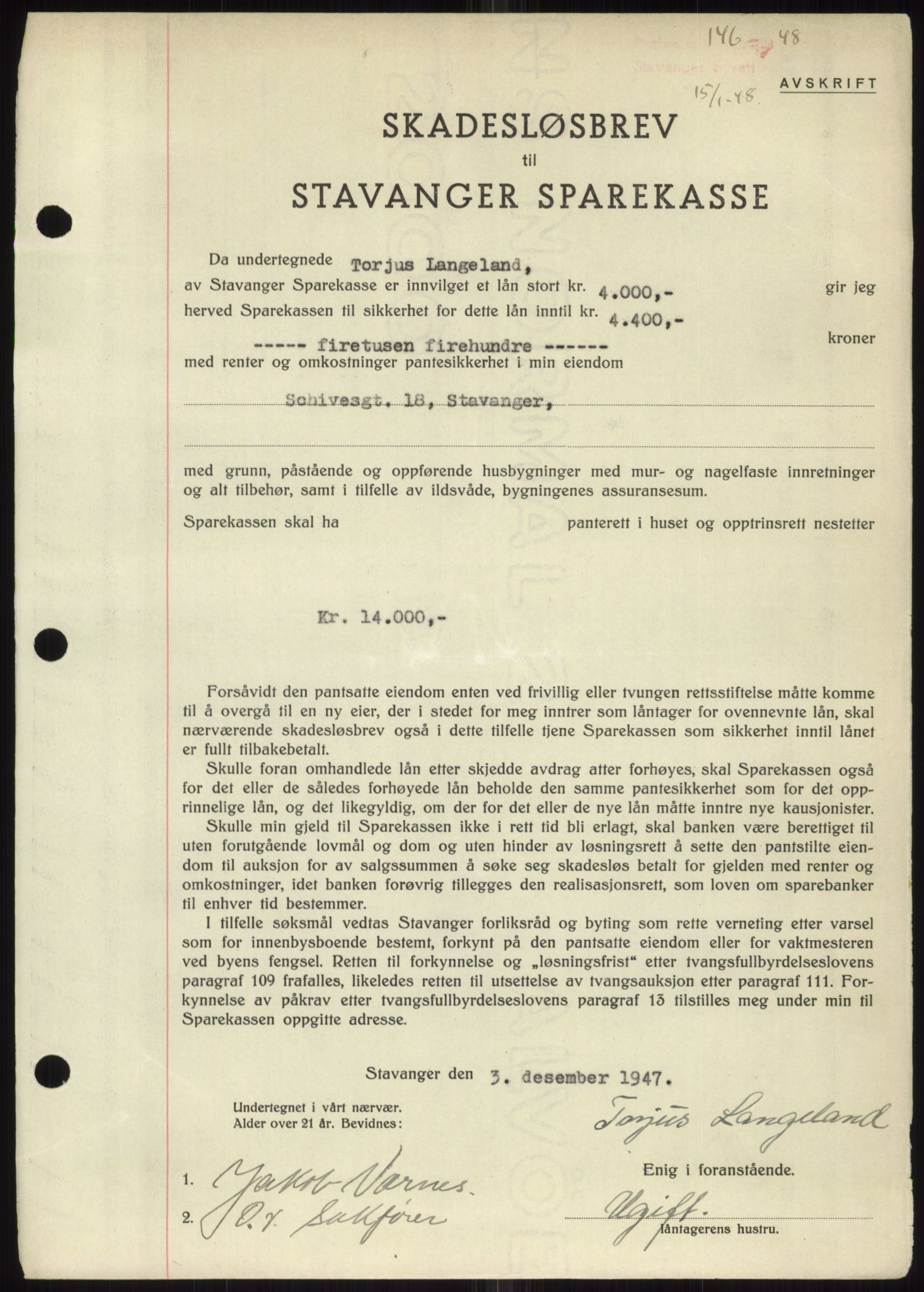 Stavanger byrett, SAST/A-100455/002/G/Gb/L0032: Mortgage book, 1947-1950, Diary no: : 146/1948