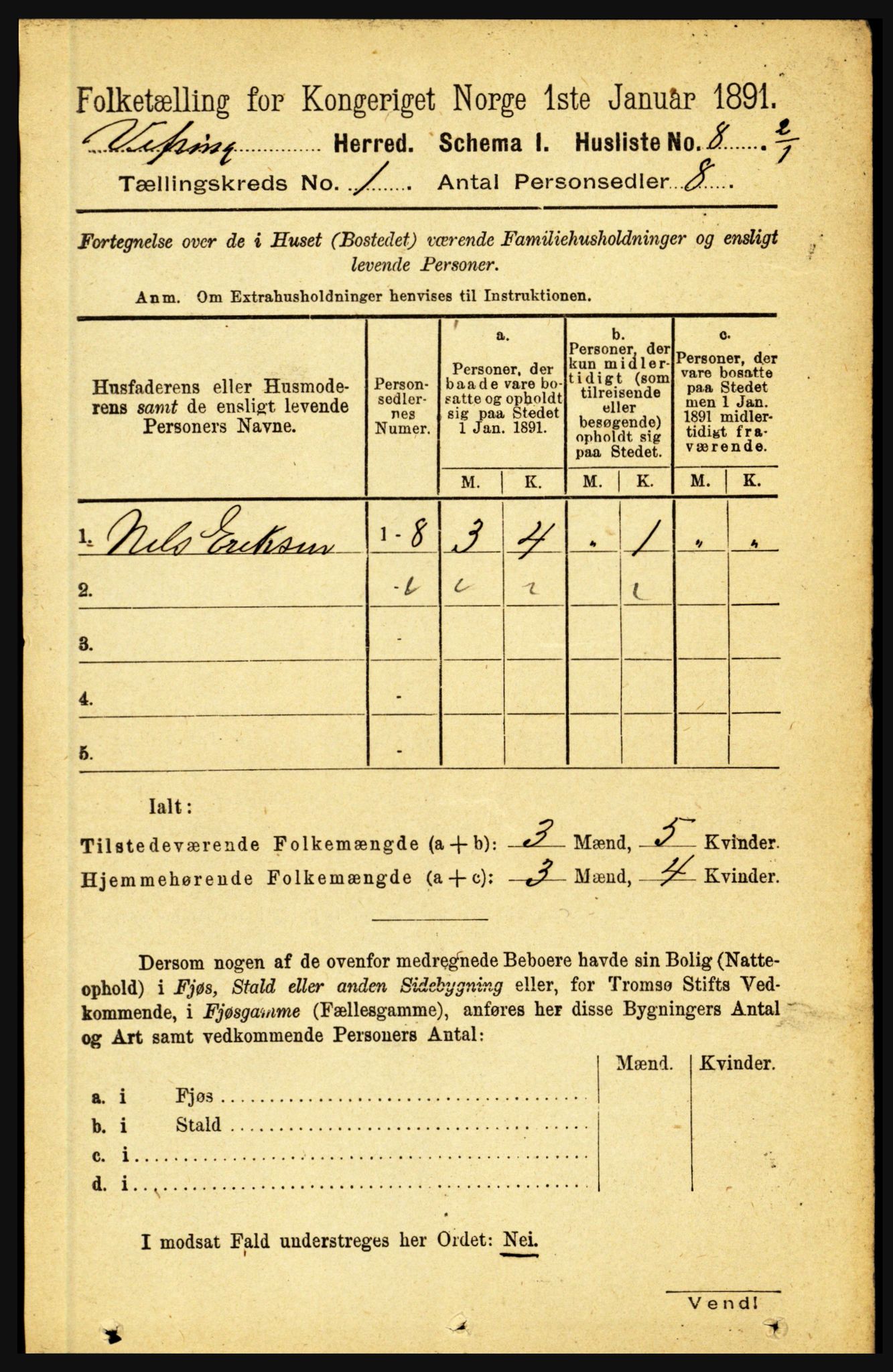 RA, 1891 census for 1434 Vevring, 1891, p. 21