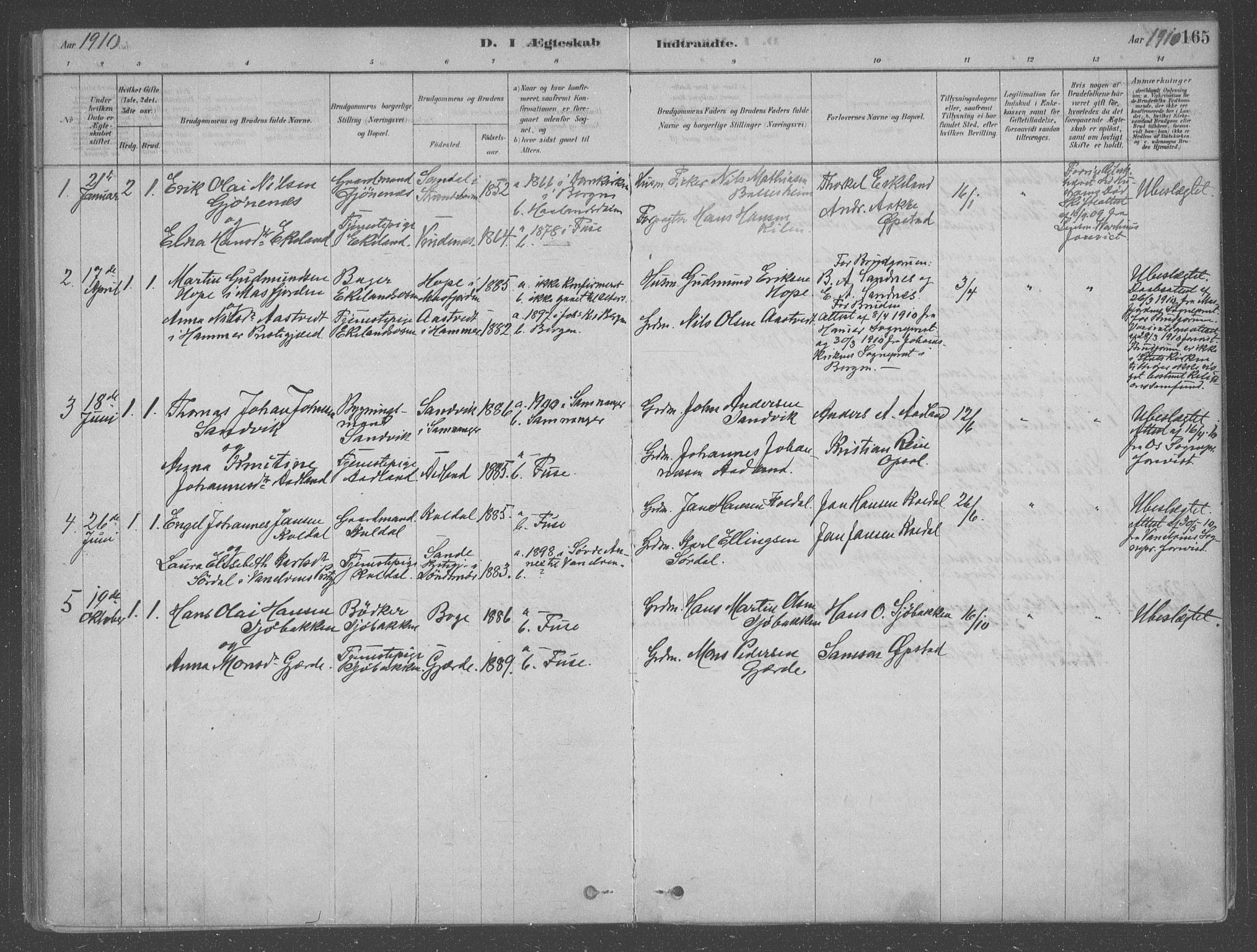 Fusa sokneprestembete, AV/SAB-A-75401/H/Haa: Parish register (official) no. B 1, 1880-1938, p. 165