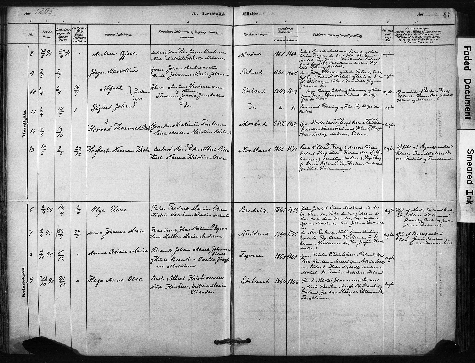 Ministerialprotokoller, klokkerbøker og fødselsregistre - Nordland, AV/SAT-A-1459/807/L0122: Parish register (official) no. 807A05, 1880-1902, p. 47