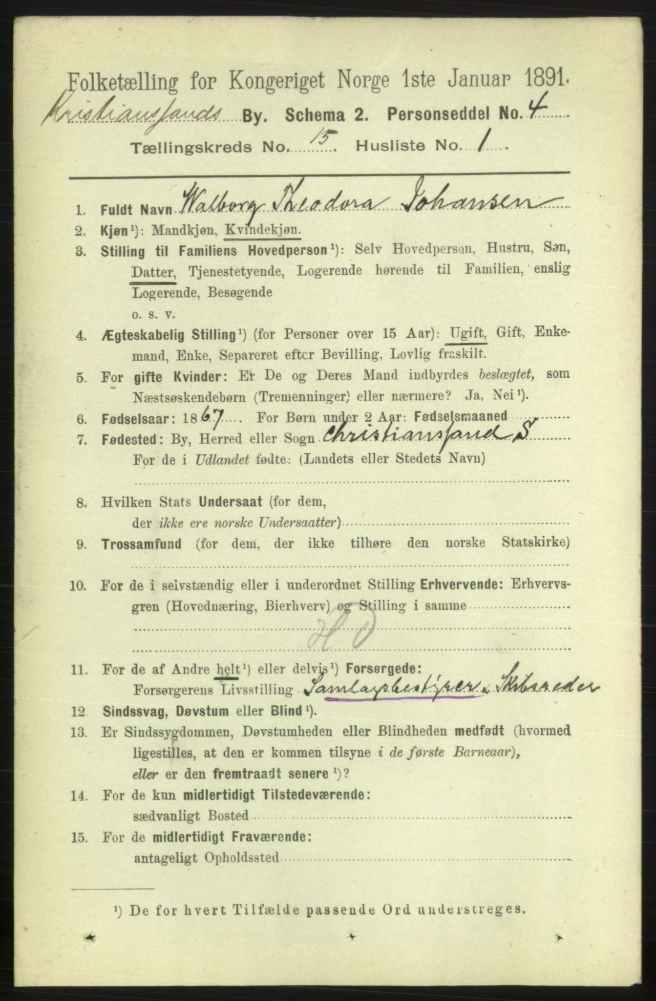 RA, 1891 census for 1001 Kristiansand, 1891, p. 6320