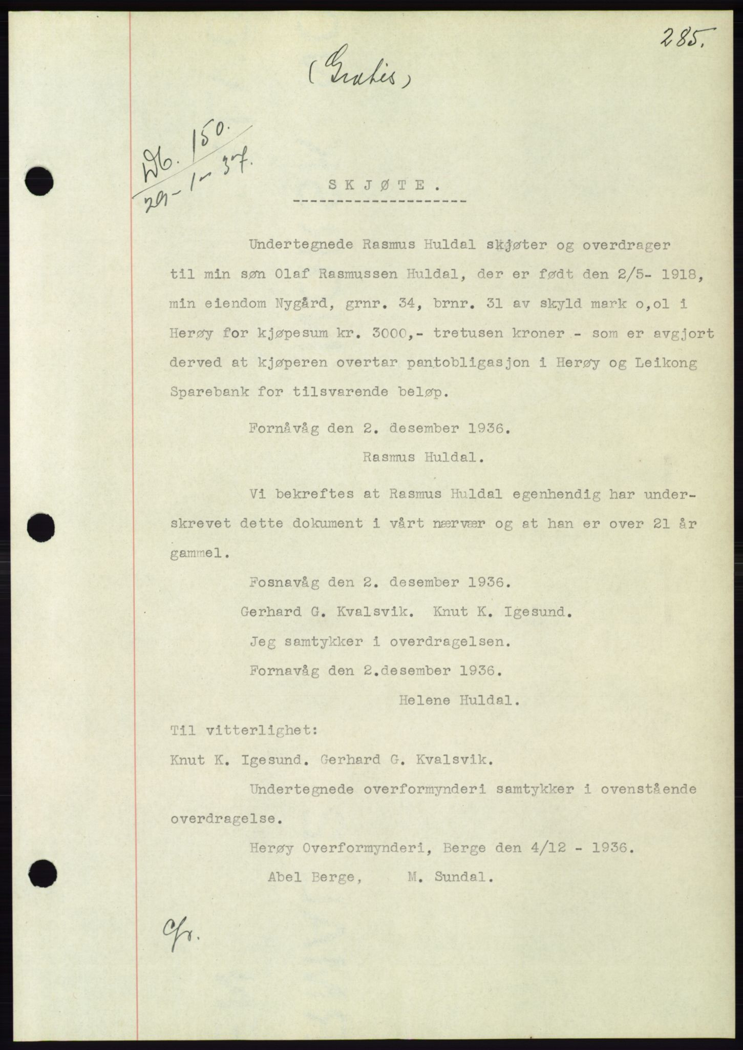 Søre Sunnmøre sorenskriveri, AV/SAT-A-4122/1/2/2C/L0062: Mortgage book no. 56, 1936-1937, Diary no: : 150/1937