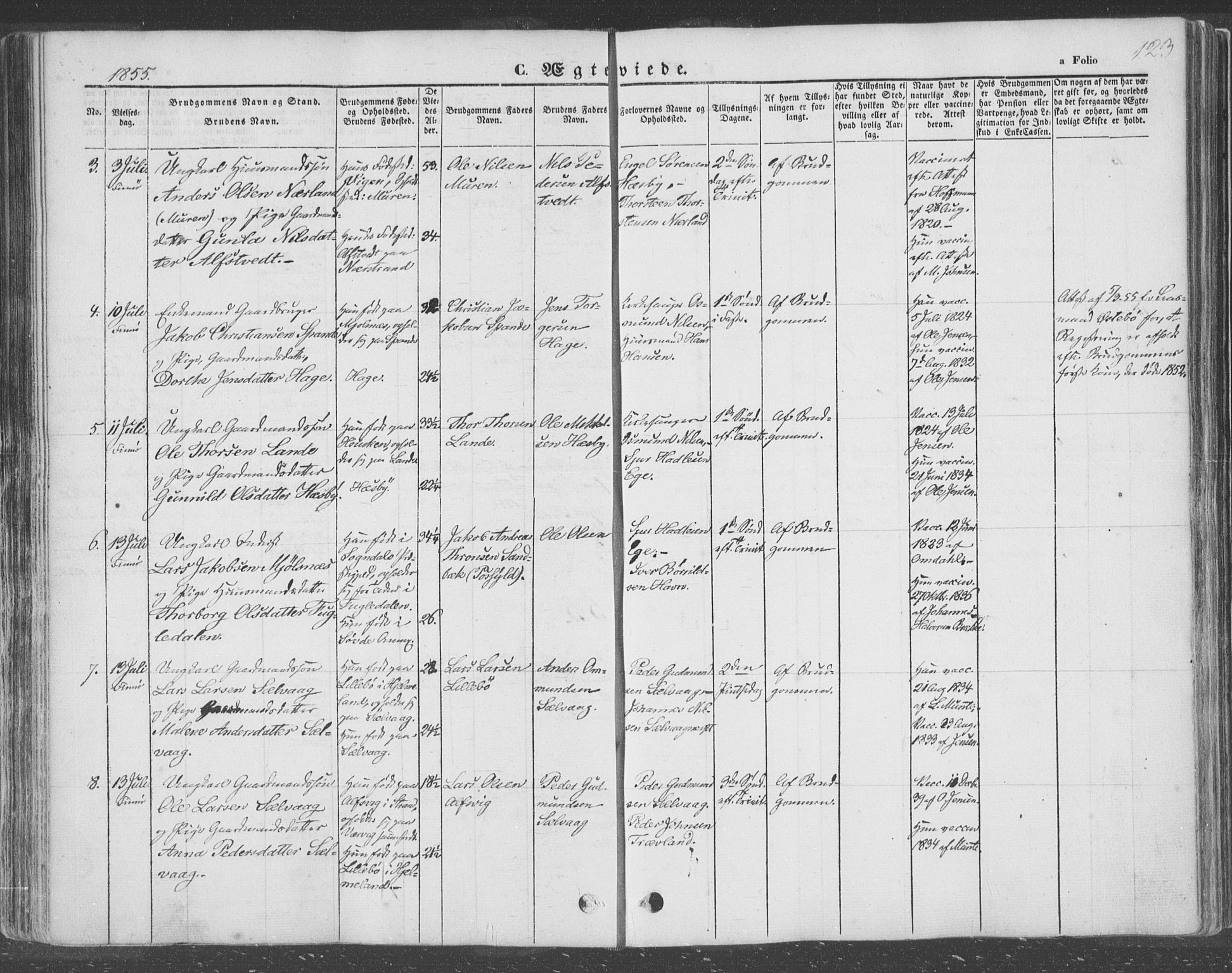 Finnøy sokneprestkontor, AV/SAST-A-101825/H/Ha/Haa/L0007: Parish register (official) no. A 7, 1847-1862, p. 123