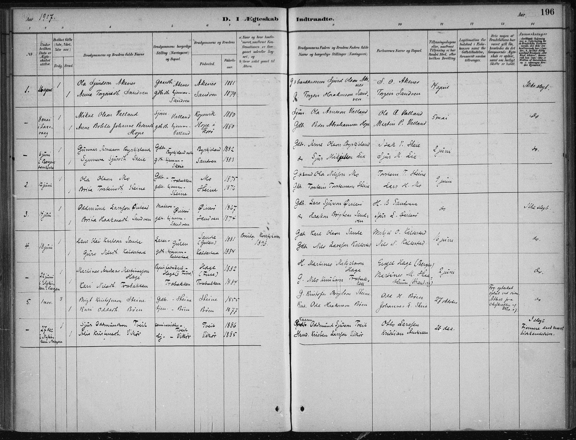 Kvam sokneprestembete, SAB/A-76201/H/Haa: Parish register (official) no. B  1, 1880-1908, p. 196