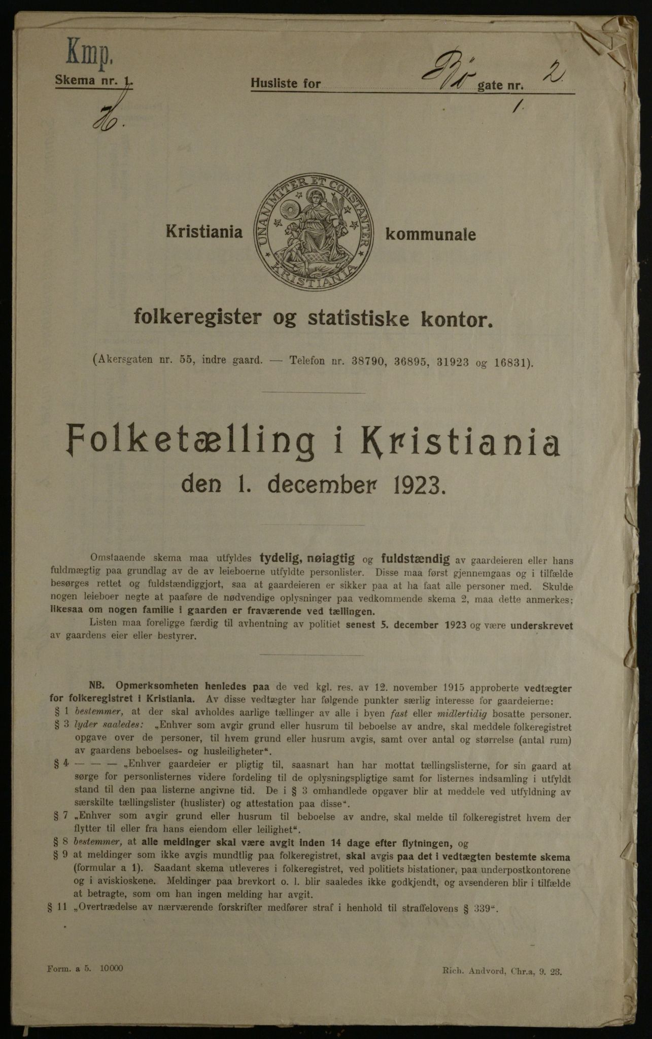 OBA, Municipal Census 1923 for Kristiania, 1923, p. 12209