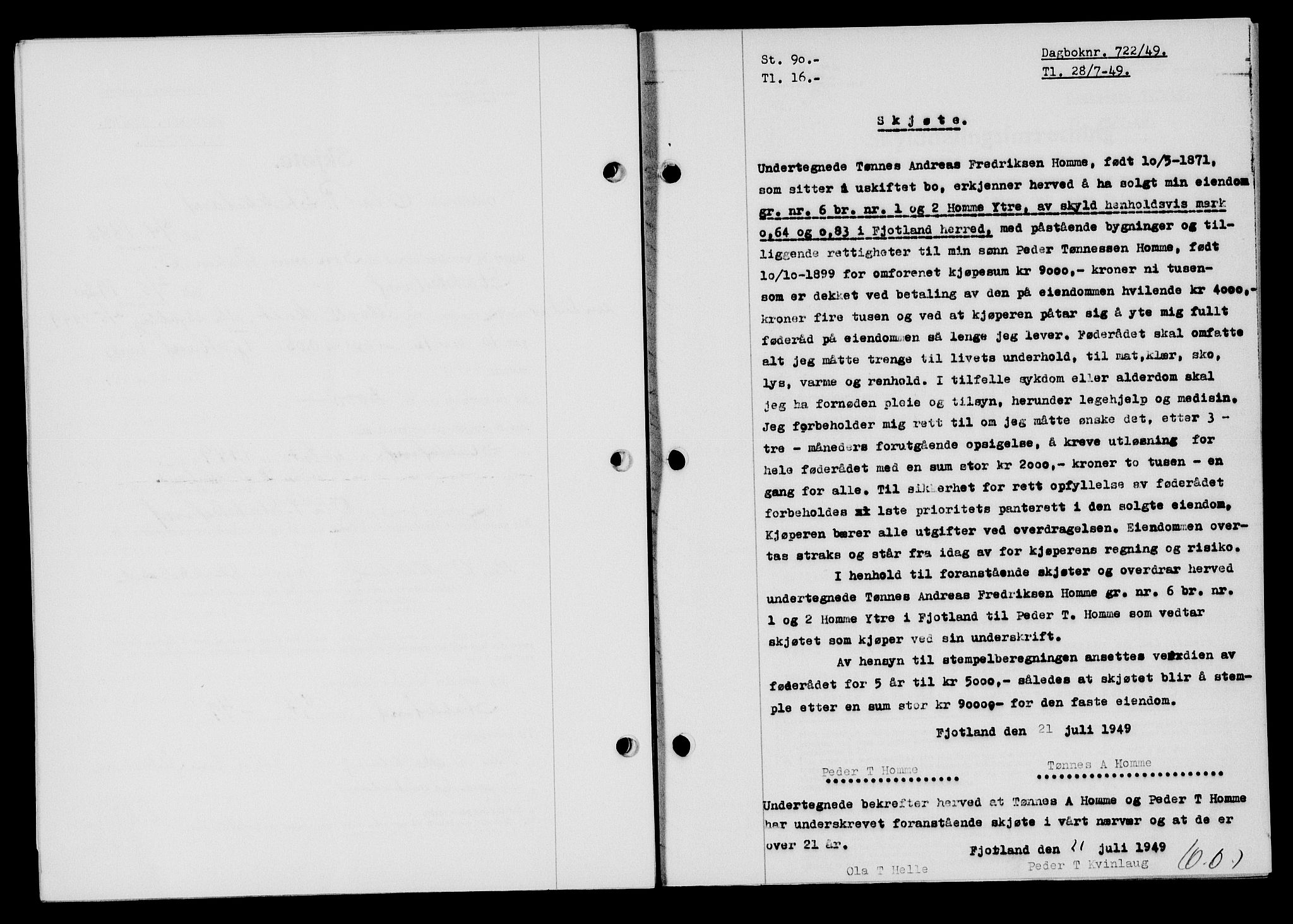 Flekkefjord sorenskriveri, SAK/1221-0001/G/Gb/Gba/L0065: Mortgage book no. A-13, 1949-1949, Diary no: : 722/1949