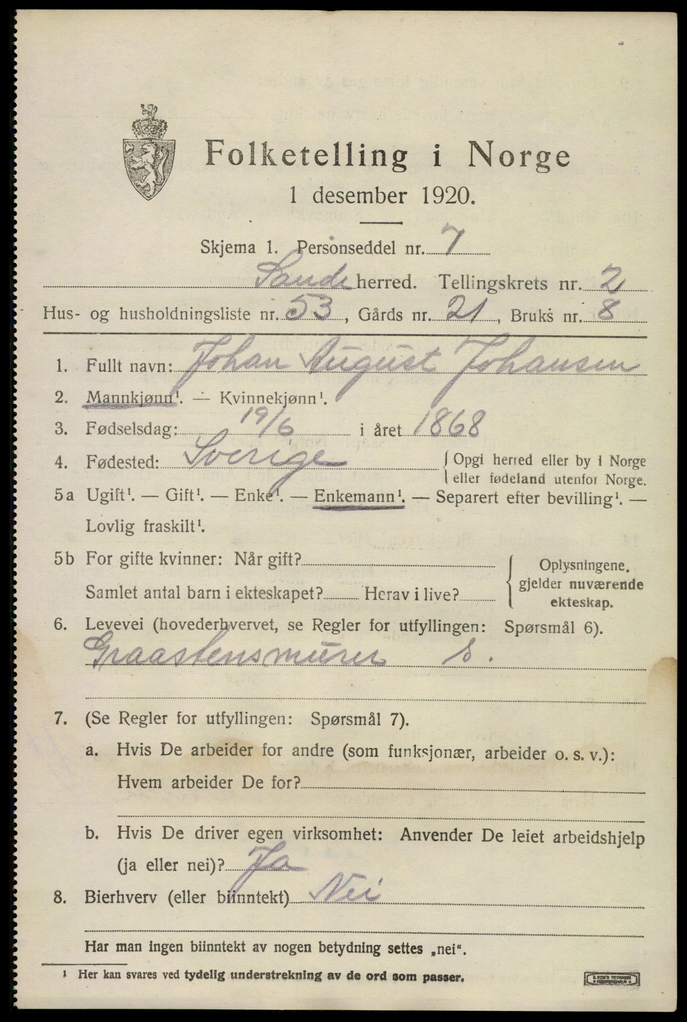 SAKO, 1920 census for Sande, 1920, p. 2872