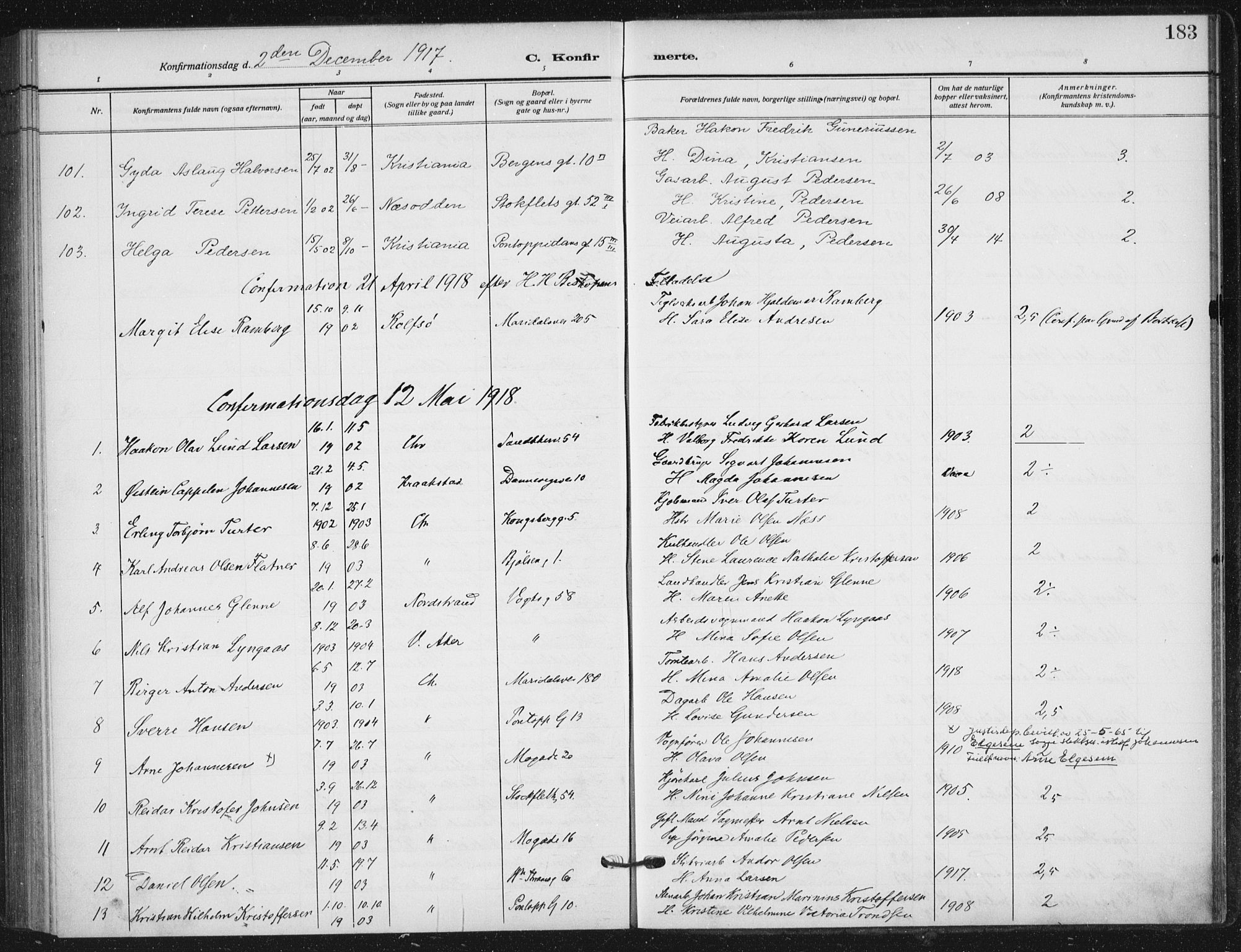 Sagene prestekontor Kirkebøker, AV/SAO-A-10796/F/L0008: Parish register (official) no. 8, 1910-1919, p. 183