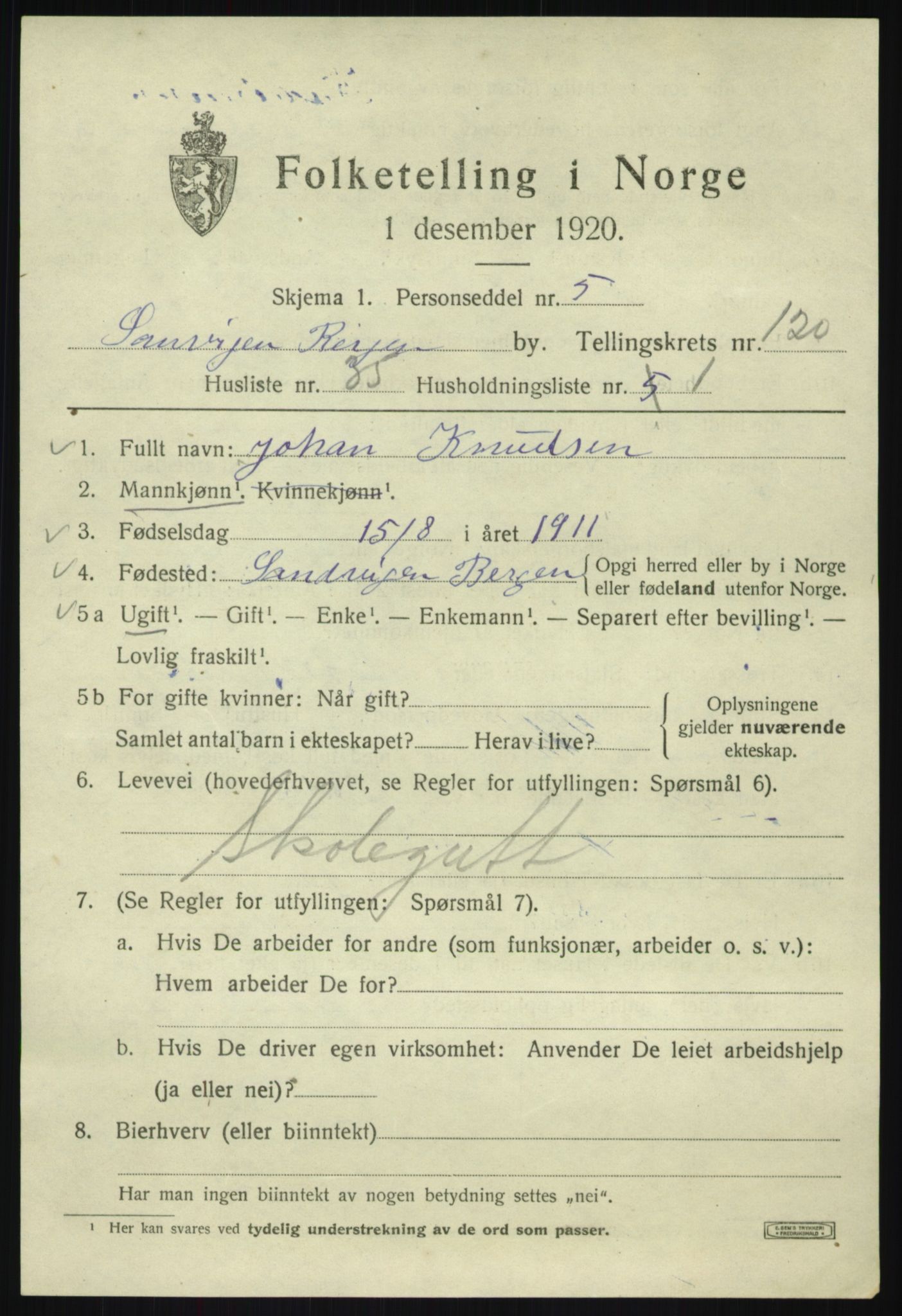 SAB, 1920 census for Bergen, 1920, p. 202022