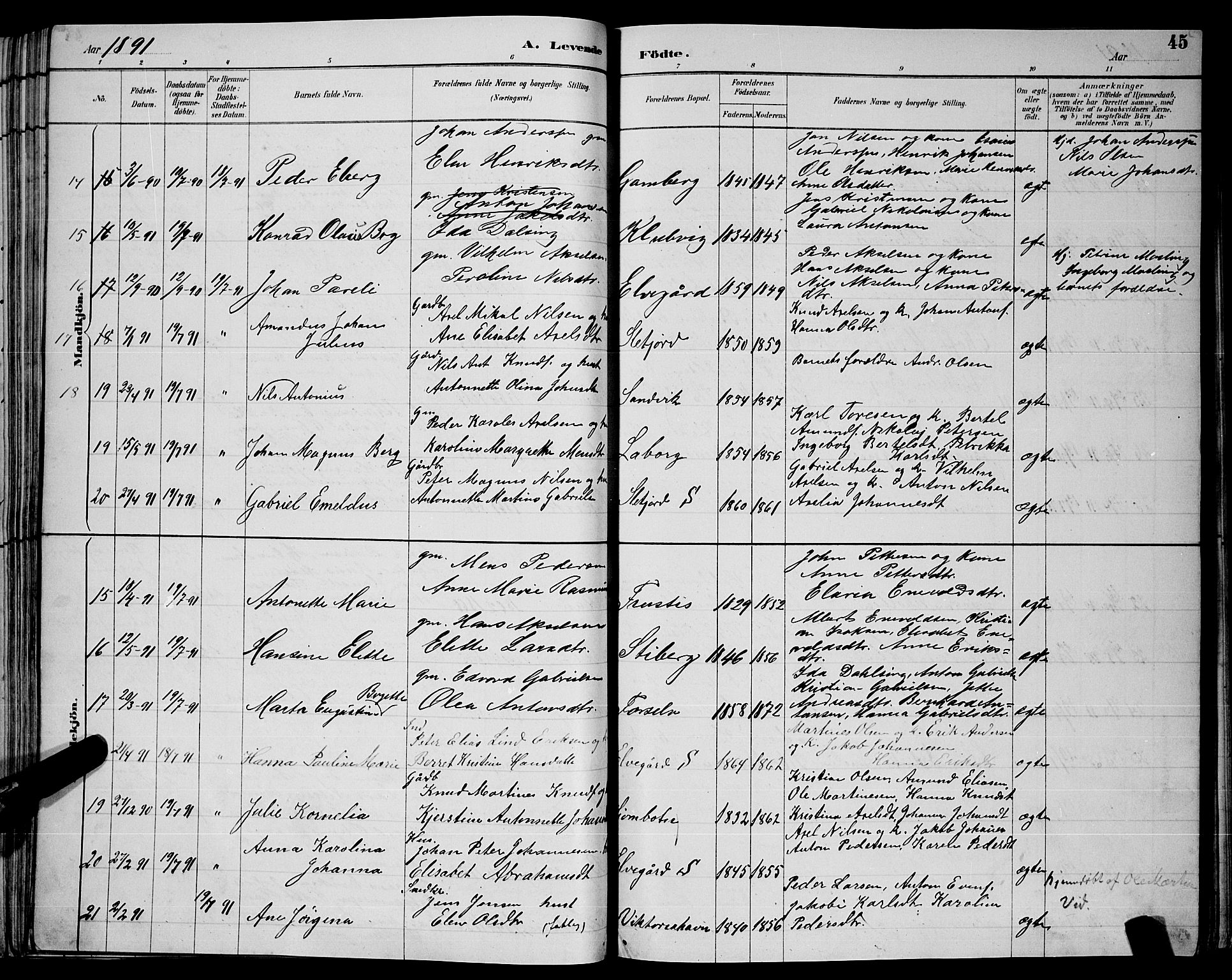 Ministerialprotokoller, klokkerbøker og fødselsregistre - Nordland, AV/SAT-A-1459/866/L0952: Parish register (copy) no. 866C01, 1886-1899, p. 45