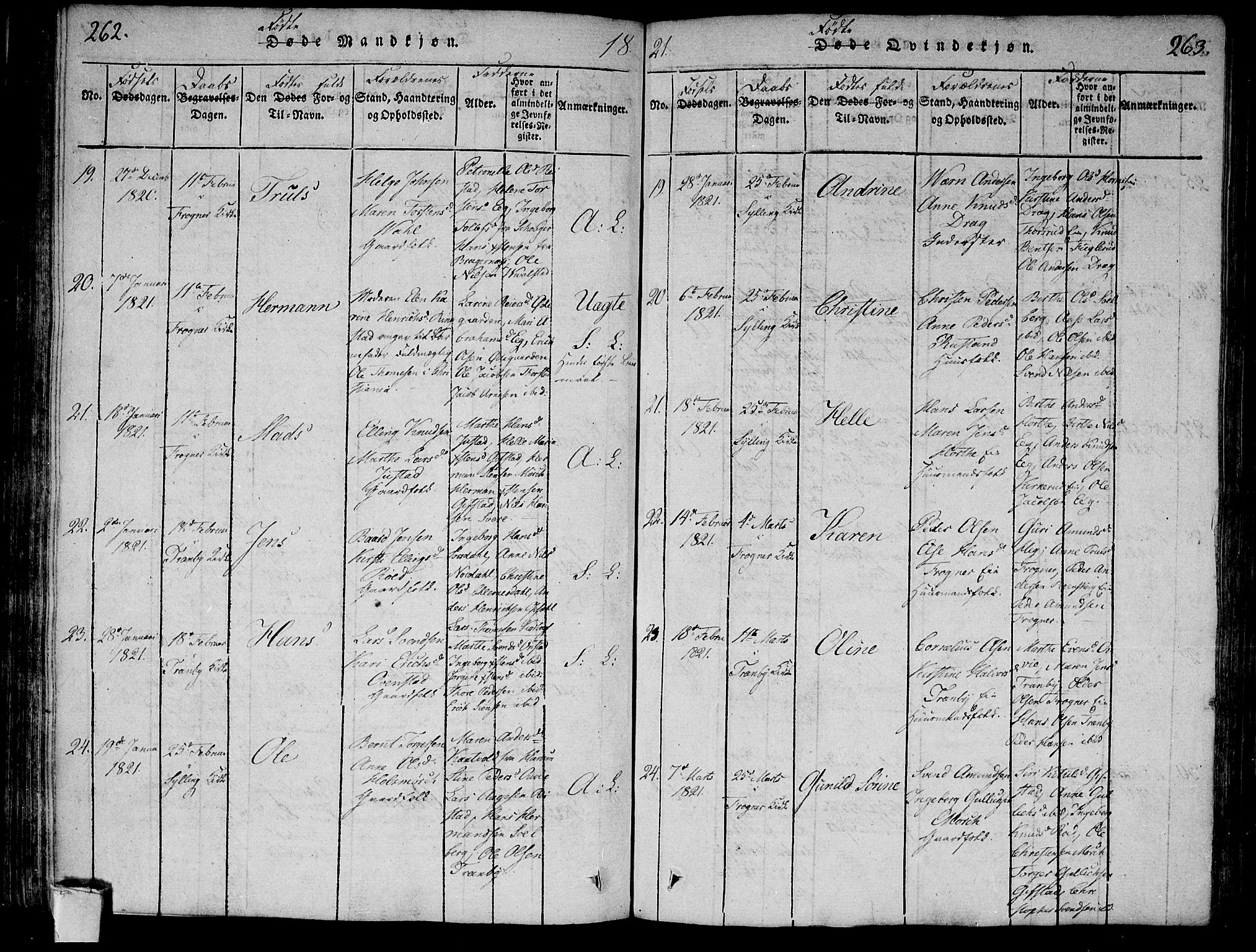 Lier kirkebøker, AV/SAKO-A-230/F/Fa/L0008: Parish register (official) no. I 8, 1813-1825, p. 262-263