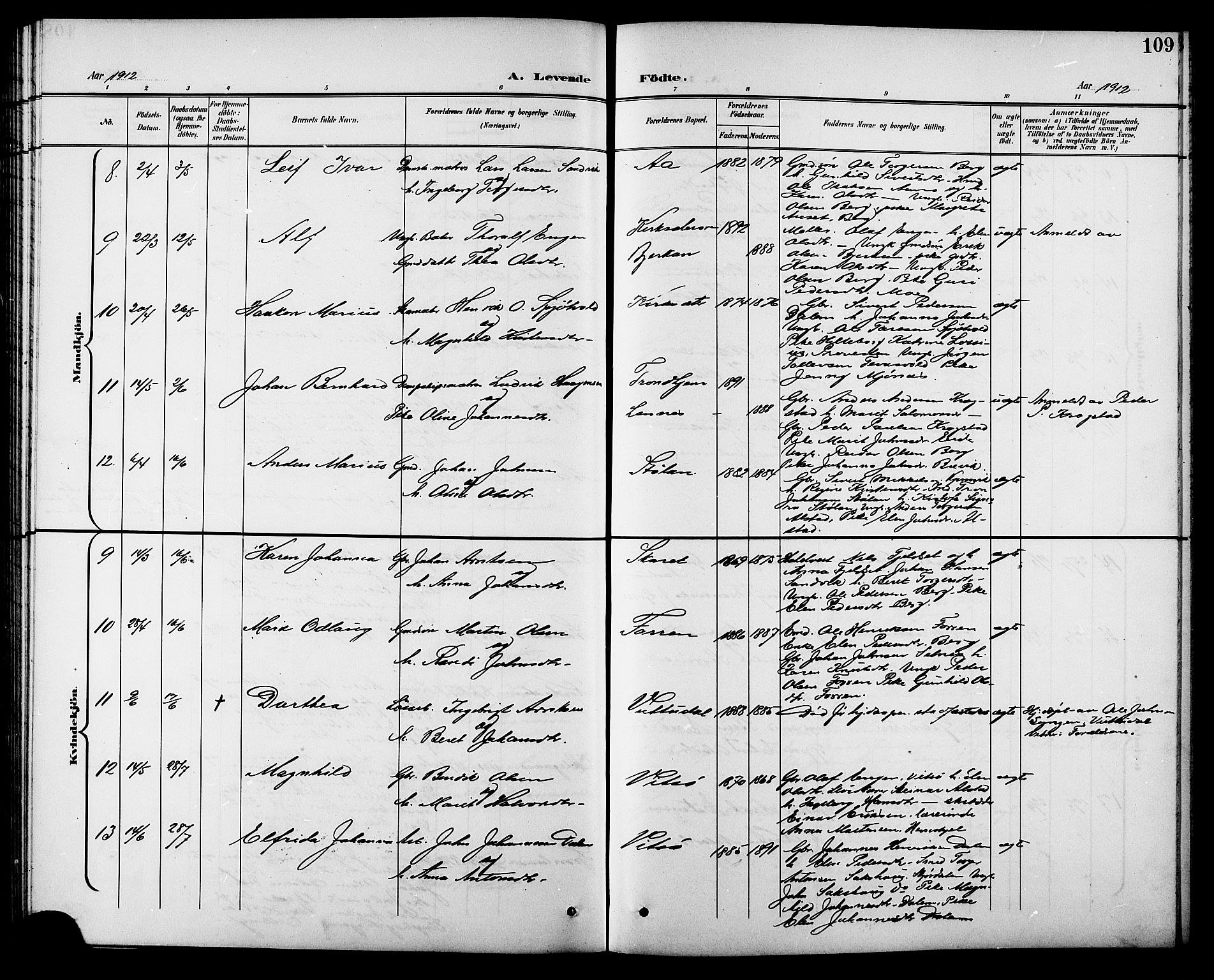 Ministerialprotokoller, klokkerbøker og fødselsregistre - Sør-Trøndelag, AV/SAT-A-1456/630/L0505: Parish register (copy) no. 630C03, 1899-1914, p. 109