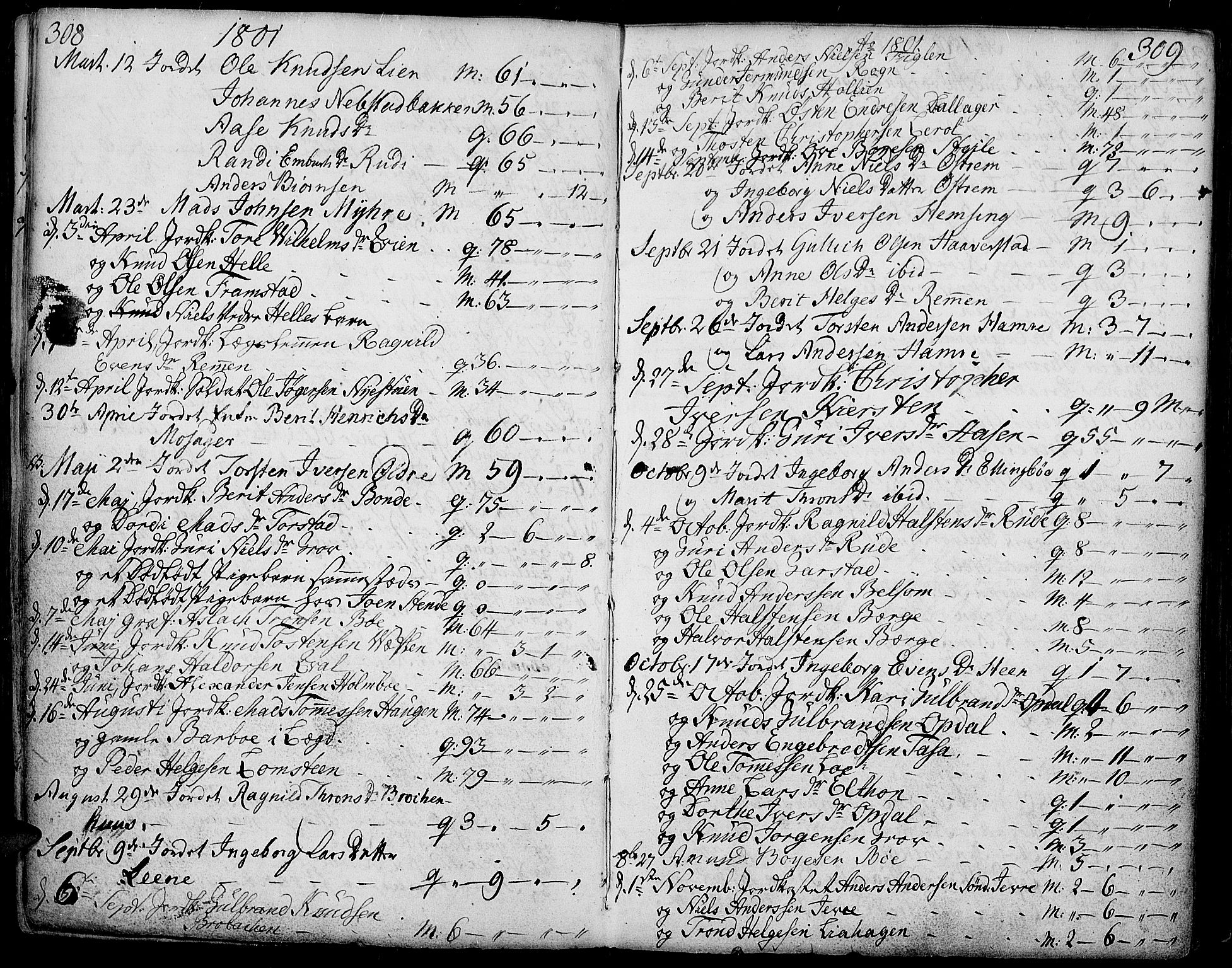 Vang prestekontor, Valdres, SAH/PREST-140/H/Ha/L0002: Parish register (official) no. 2, 1796-1808, p. 308-309