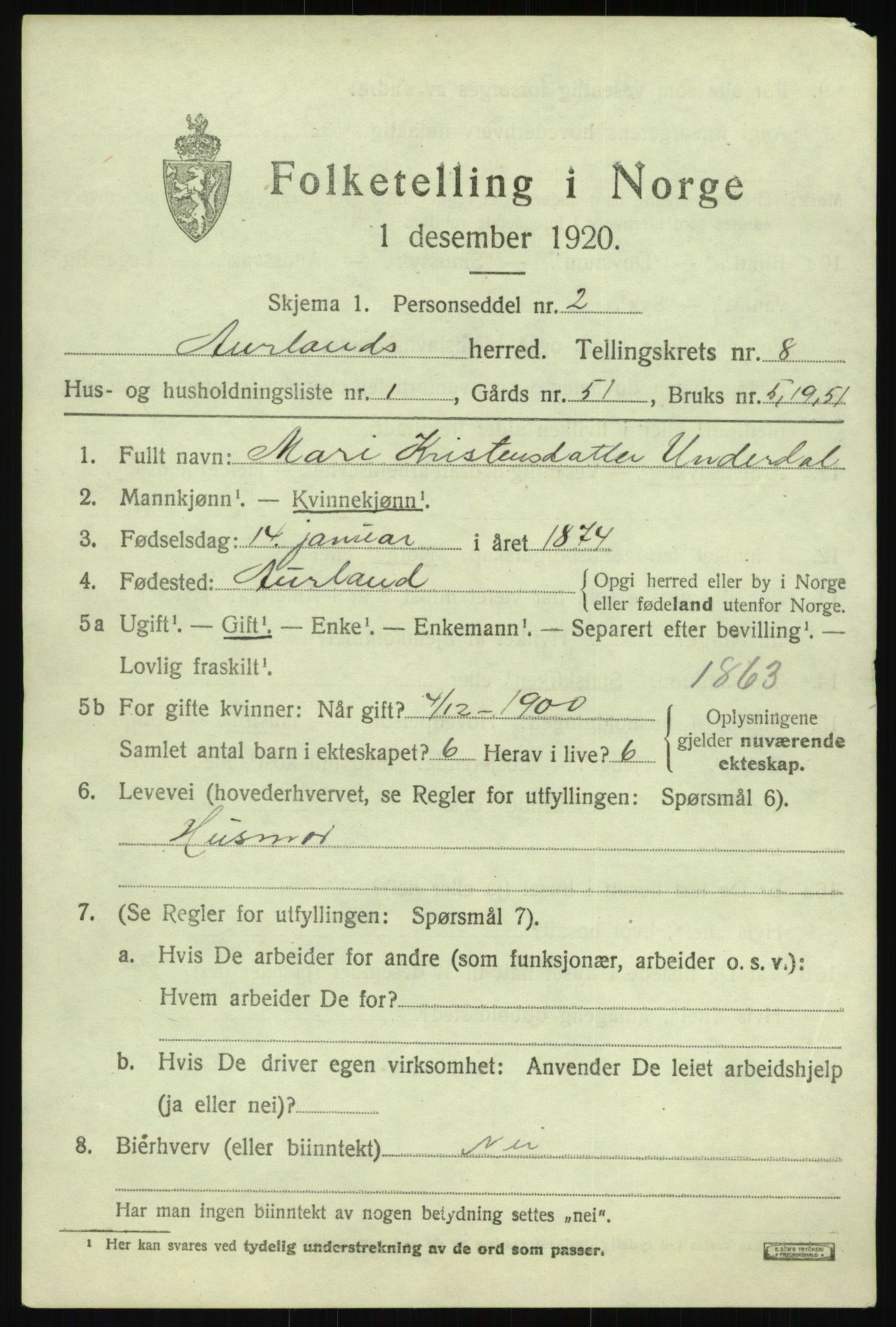 SAB, 1920 census for Aurland, 1920, p. 4290