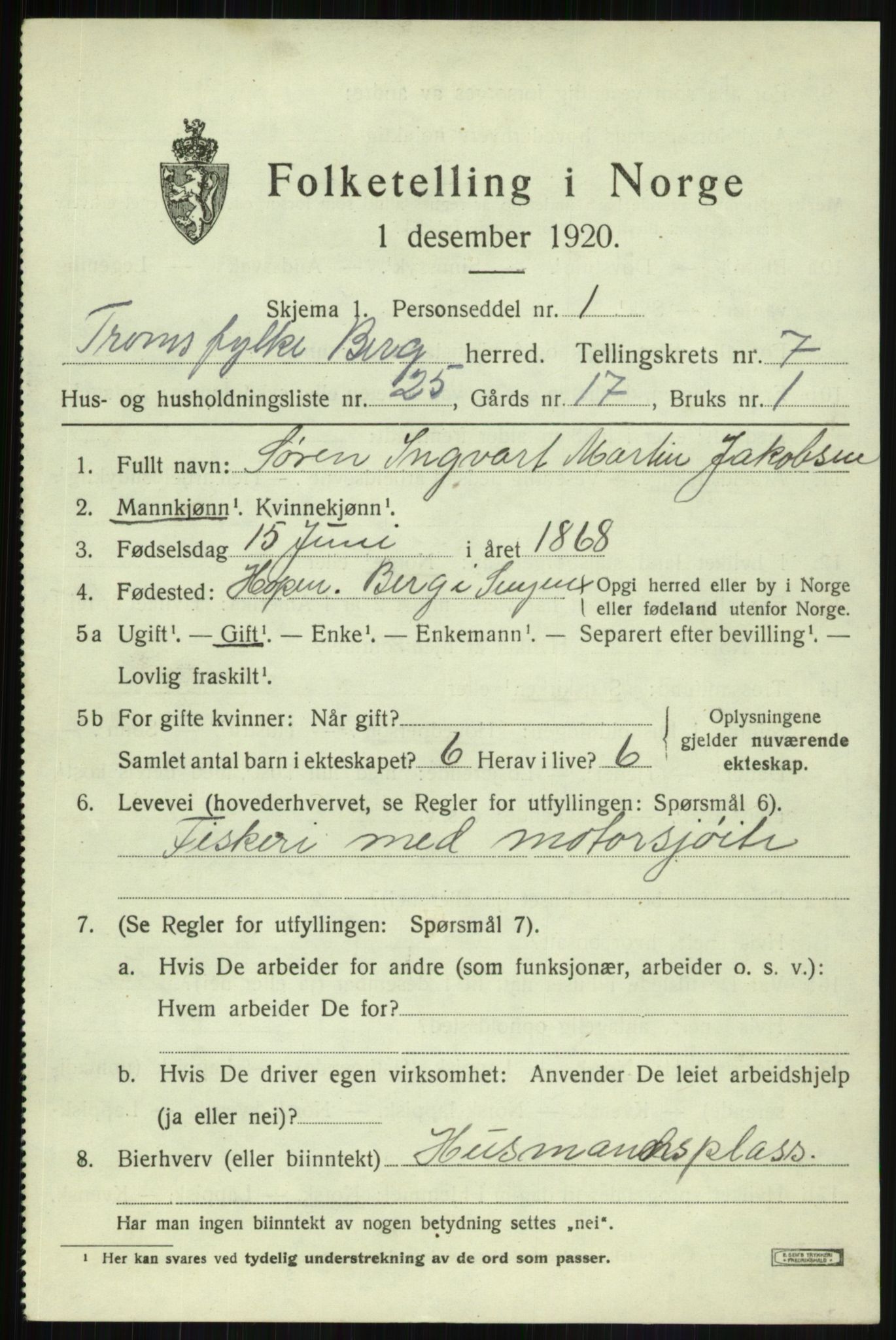 SATØ, 1920 census for Berg, 1920, p. 2730