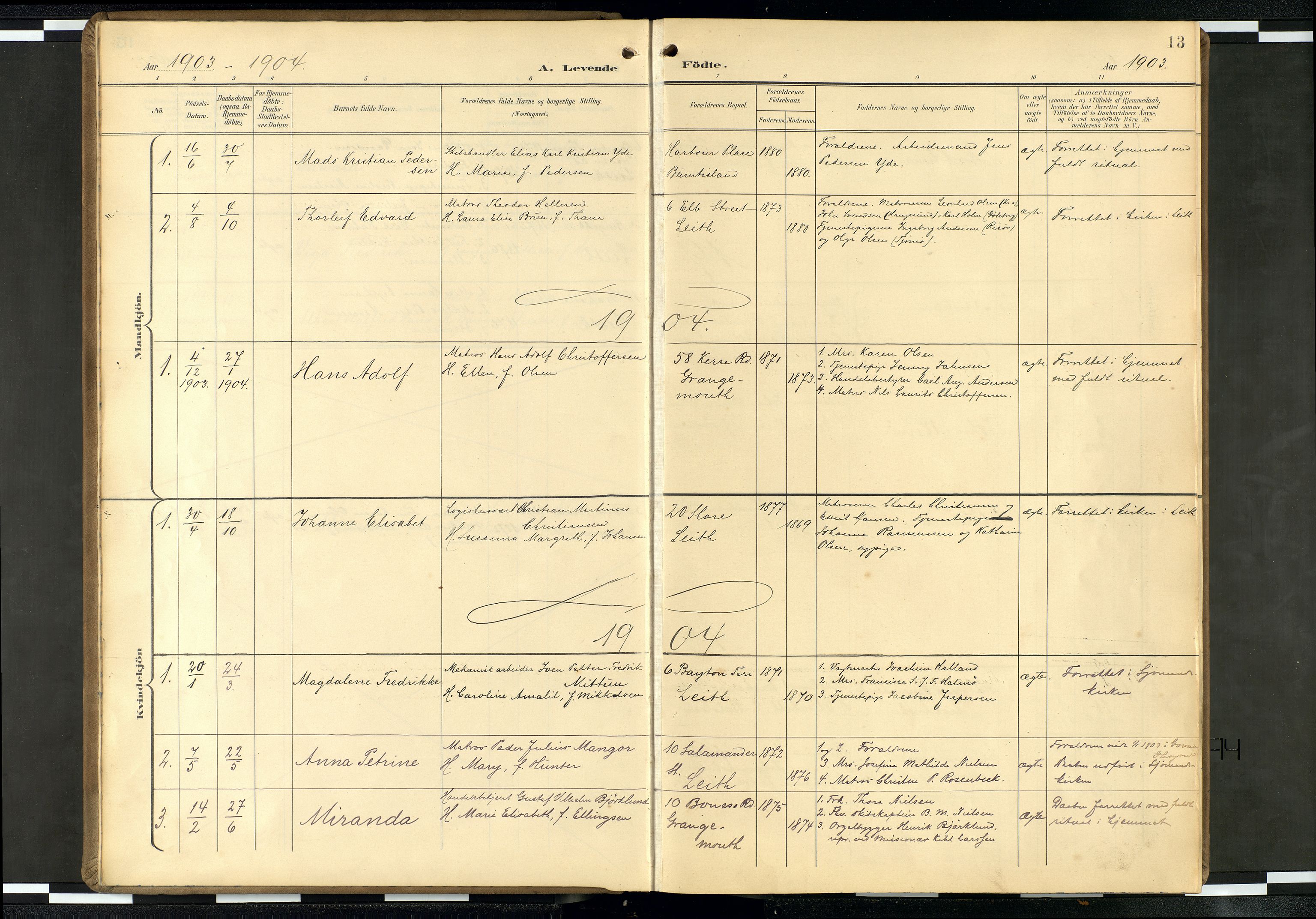 Den norske sjømannsmisjon i utlandet/Skotske havner (Leith, Glasgow), SAB/SAB/PA-0100/H/Ha/Haa/L0004: Parish register (official) no. A 4, 1899-1949, p. 12b-13a