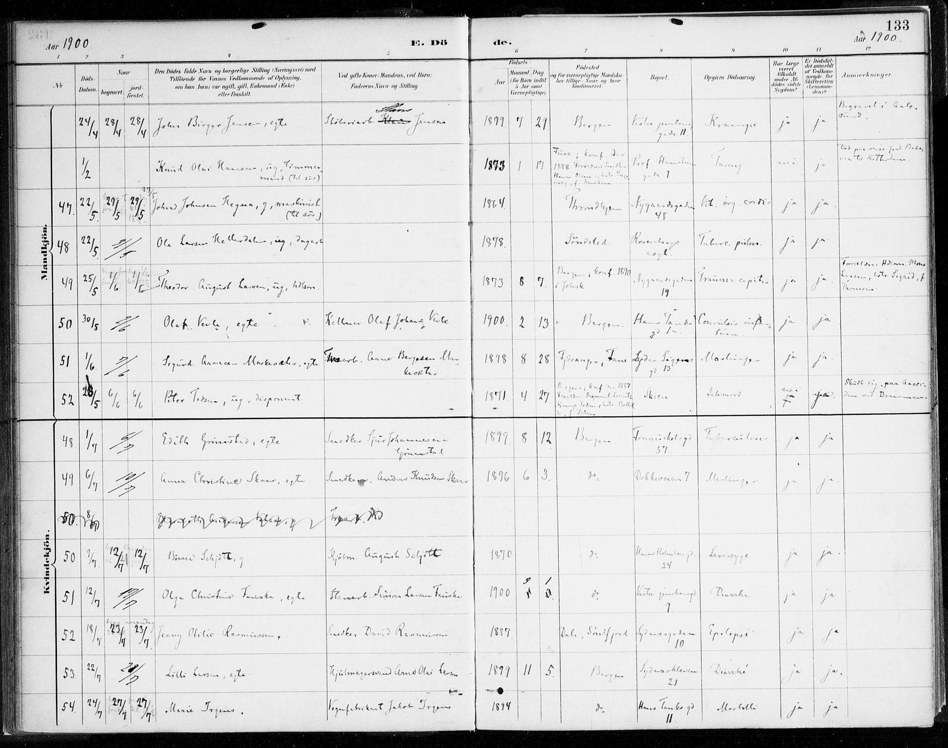 Johanneskirken sokneprestembete, AV/SAB-A-76001/H/Haa/L0019: Parish register (official) no. E 1, 1885-1915, p. 133