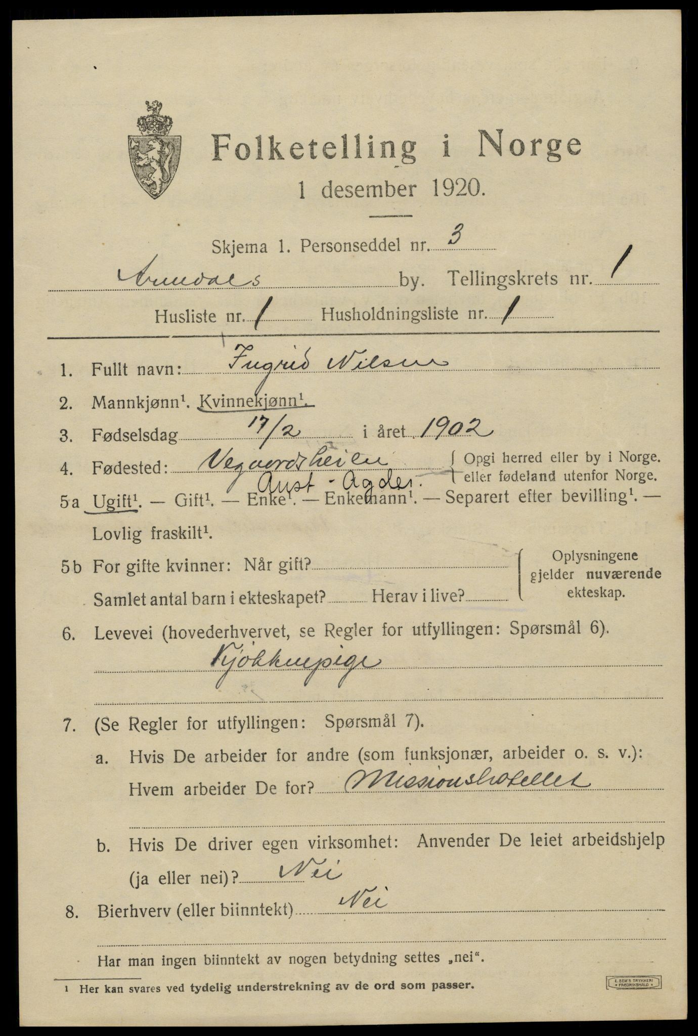 SAK, 1920 census for Arendal, 1920, p. 9160