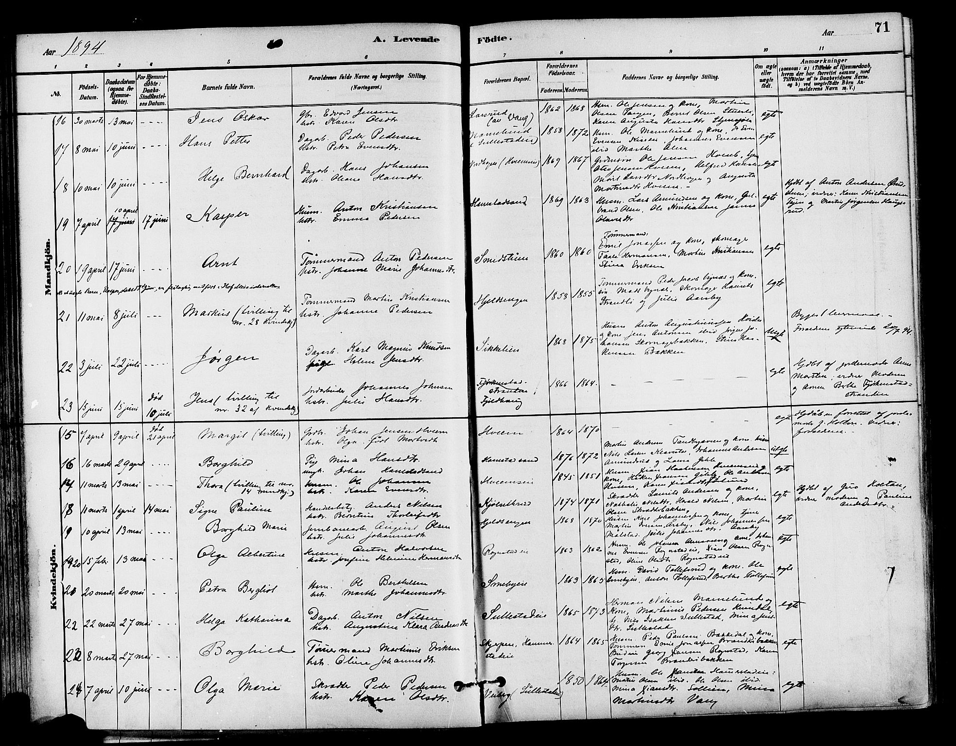 Østre Toten prestekontor, AV/SAH-PREST-104/H/Ha/Haa/L0007: Parish register (official) no. 7, 1881-1896, p. 71