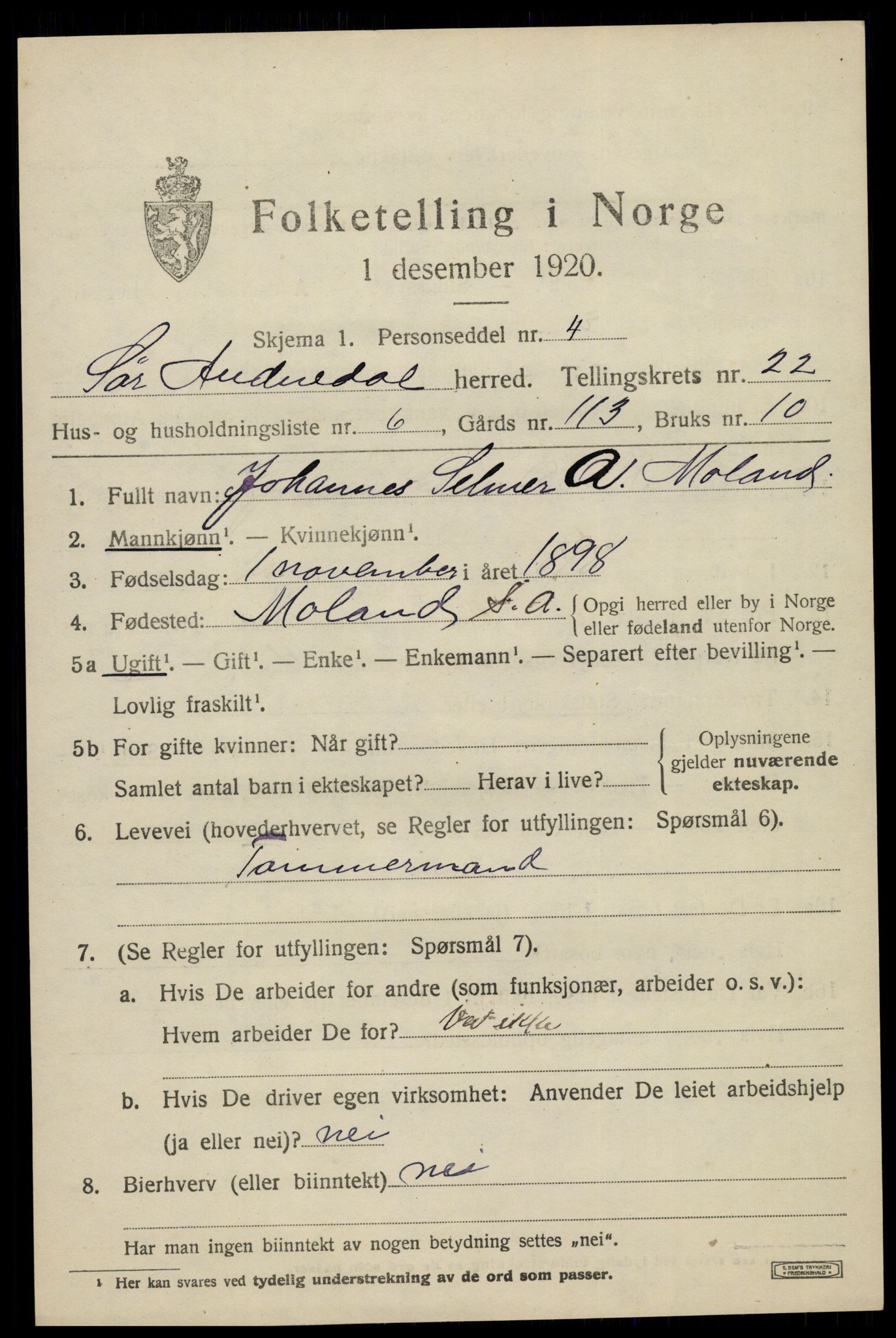 SAK, 1920 census for Sør-Audnedal, 1920, p. 7147