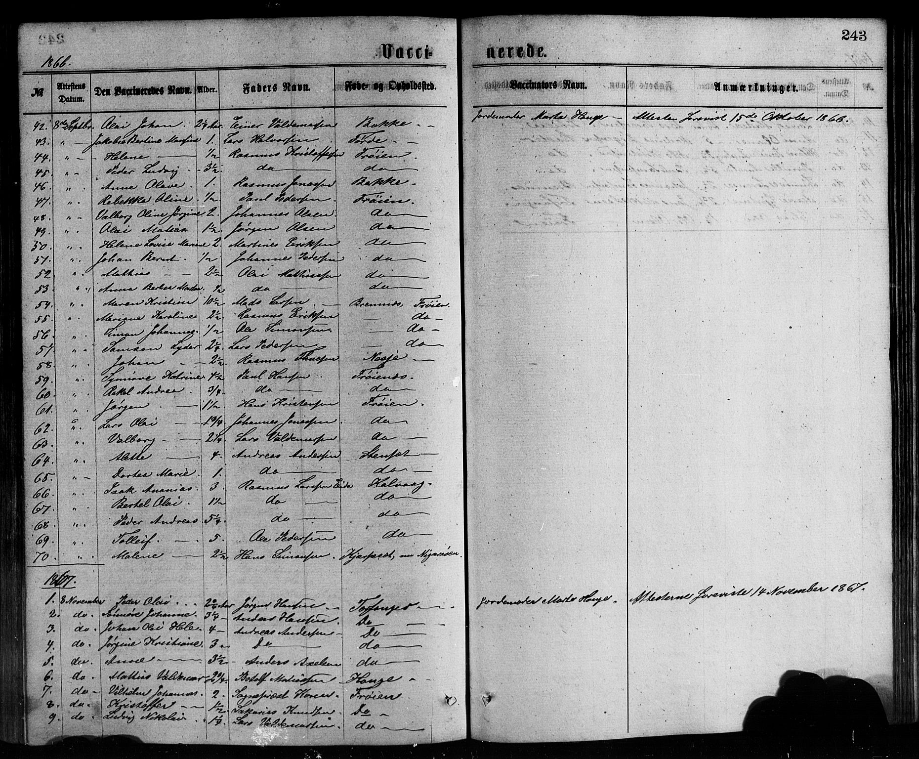 Bremanger sokneprestembete, SAB/A-82201/H/Hab/Haba/L0002: Parish register (copy) no. A 2, 1866-1889, p. 243