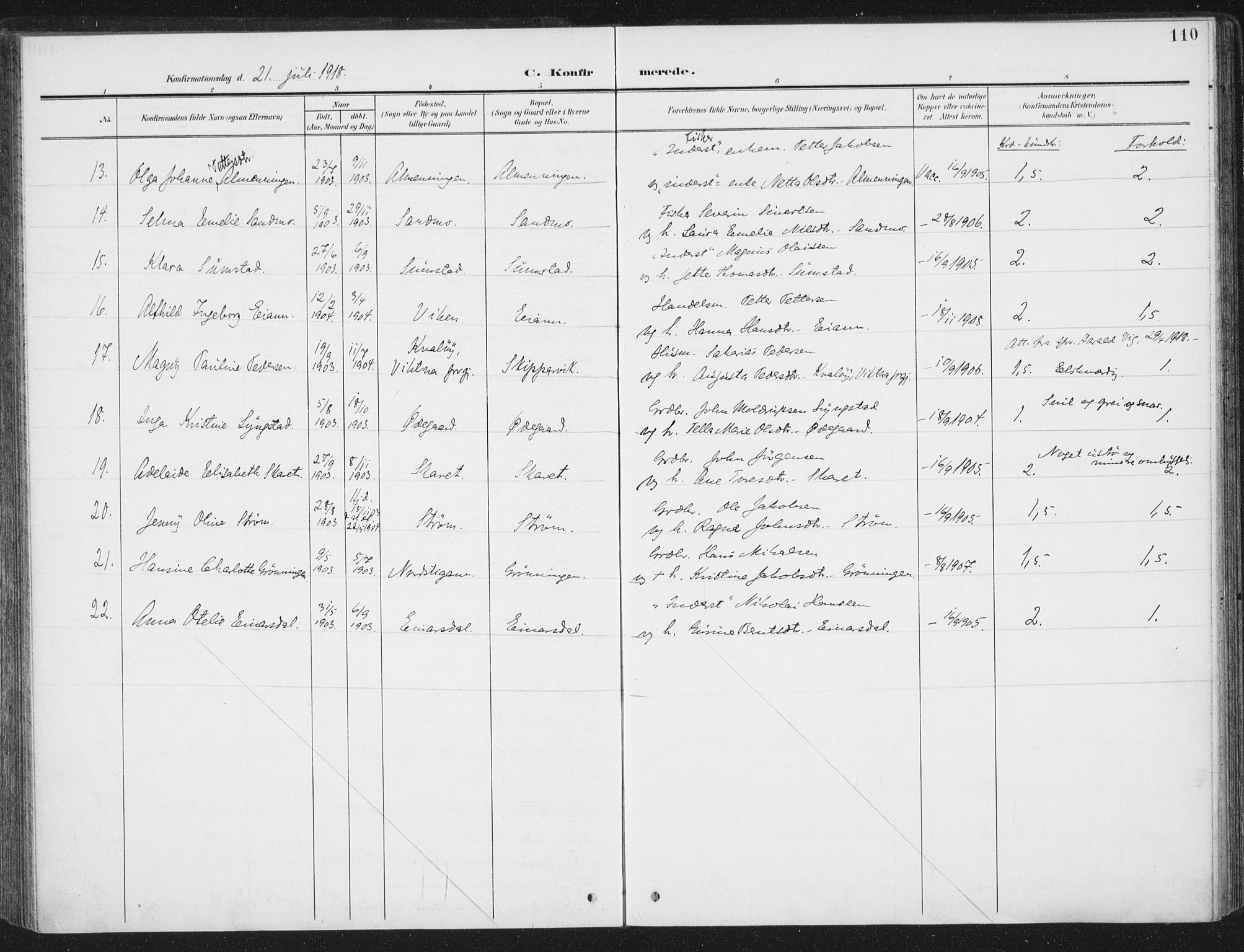Ministerialprotokoller, klokkerbøker og fødselsregistre - Sør-Trøndelag, SAT/A-1456/657/L0709: Parish register (official) no. 657A10, 1905-1919, p. 110