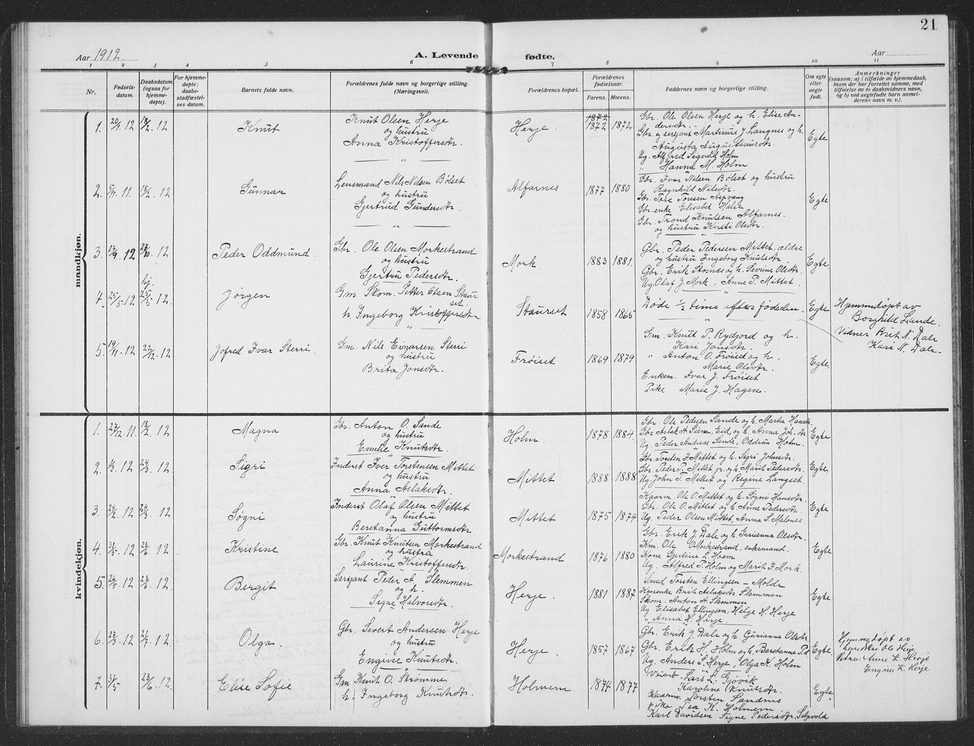 Ministerialprotokoller, klokkerbøker og fødselsregistre - Møre og Romsdal, SAT/A-1454/549/L0615: Parish register (copy) no. 549C01, 1905-1932, p. 21