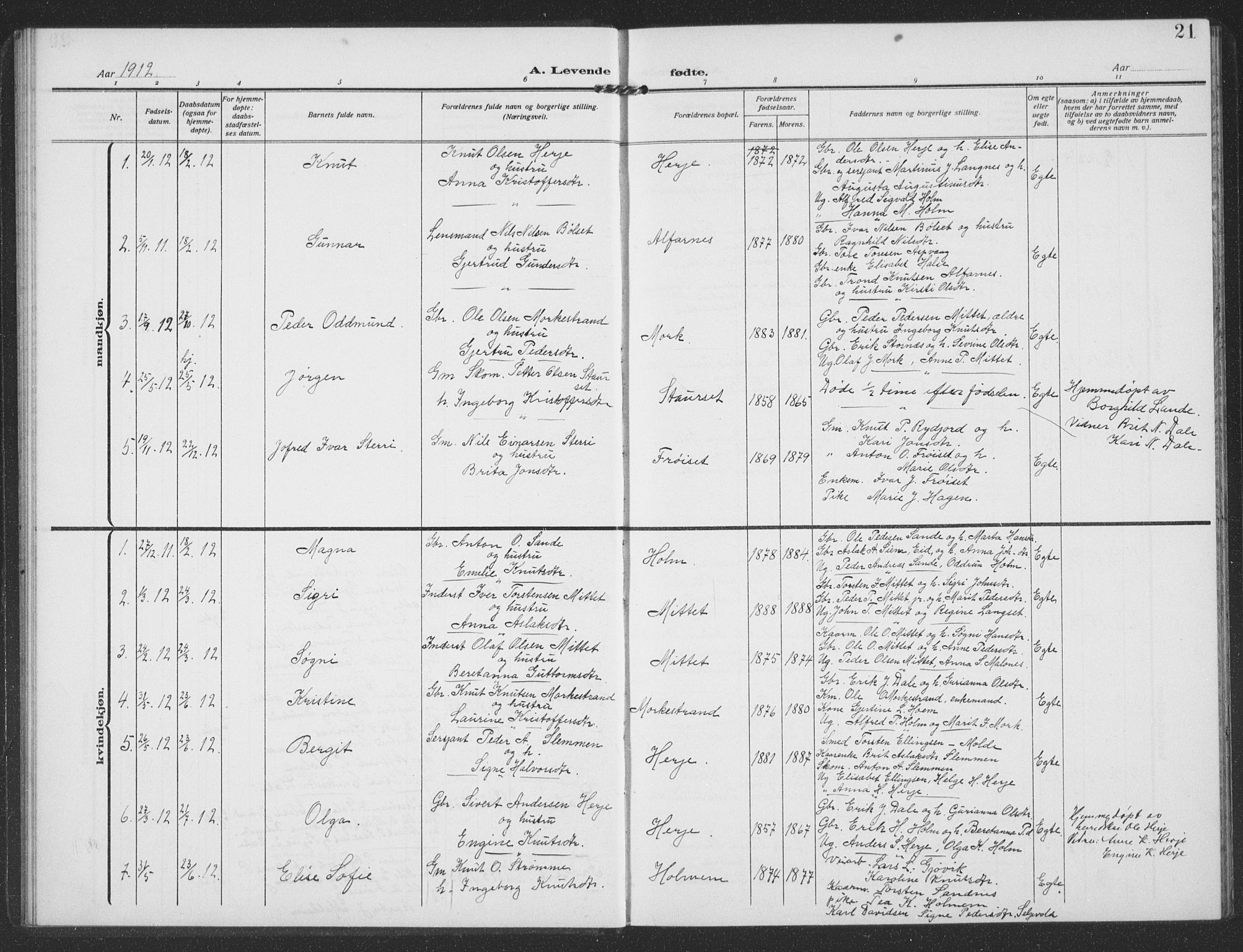 Ministerialprotokoller, klokkerbøker og fødselsregistre - Møre og Romsdal, AV/SAT-A-1454/549/L0615: Parish register (copy) no. 549C01, 1905-1932, p. 21